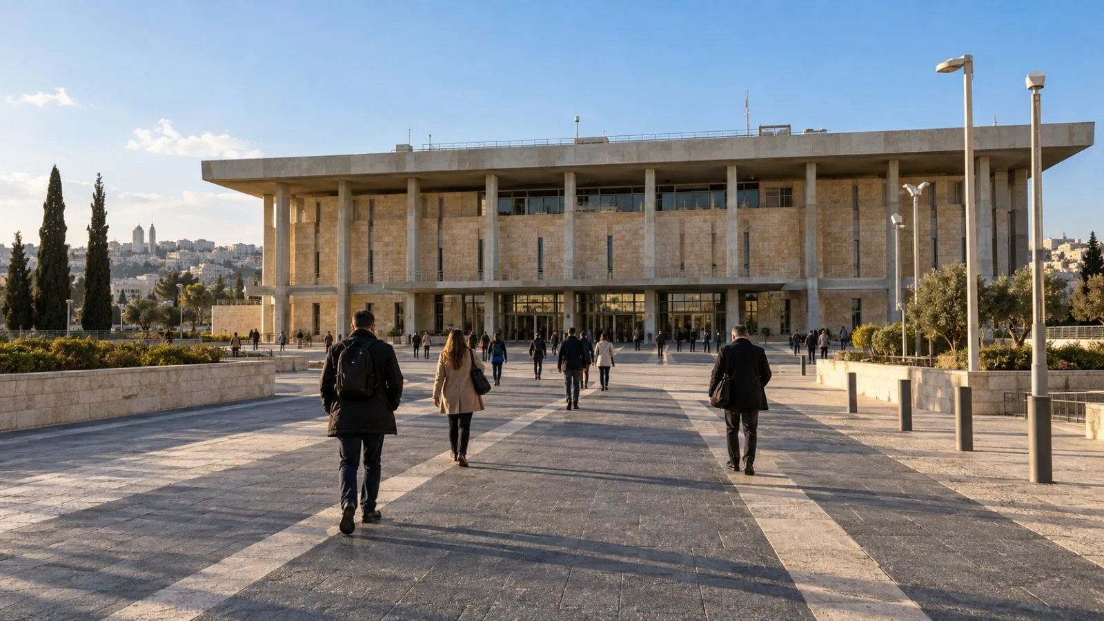 Visitors walk toward the Knesset building in Jerusalem in late-afternoon sunlight. (AI-generated image / EconoTimes)