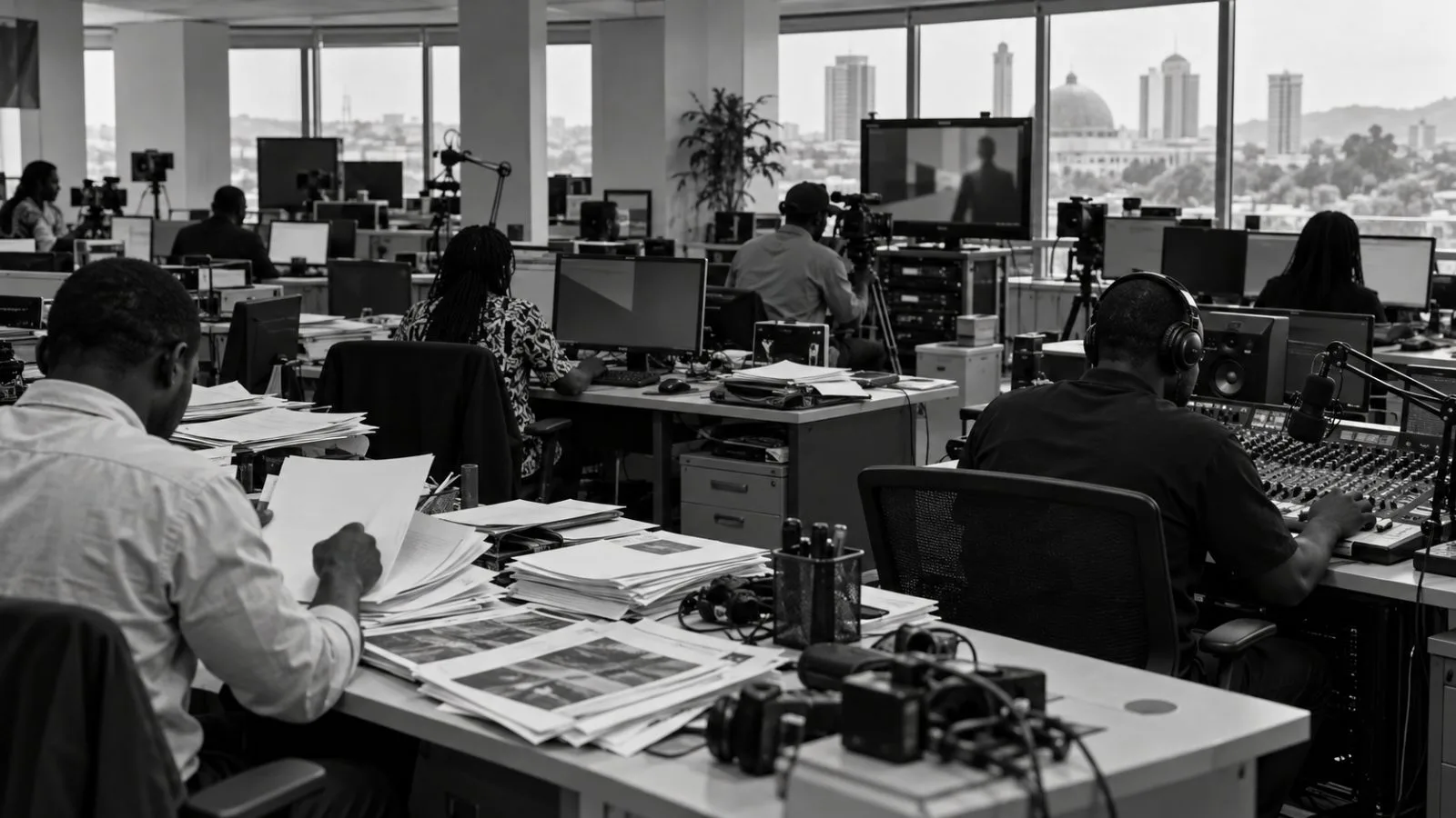 Journalists coordinate work across print and broadcast desks in a shared newsroom in Abuja, Nigeria (AI-generated image / EconoTimes)