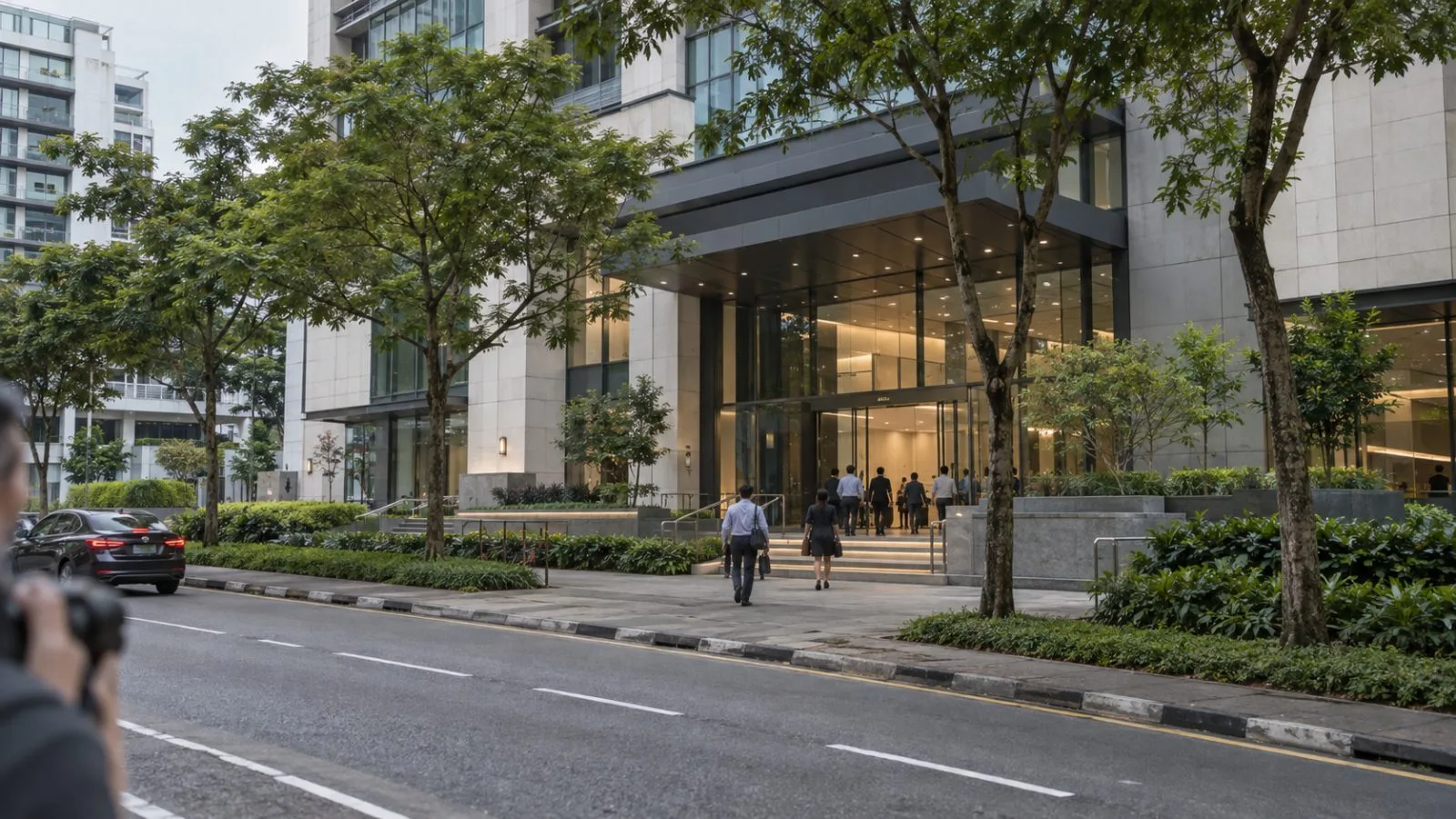Office workers enter The Elitist on Bukit Batok Crescent in Singapore. (AI-generated image / EconoTimes)
