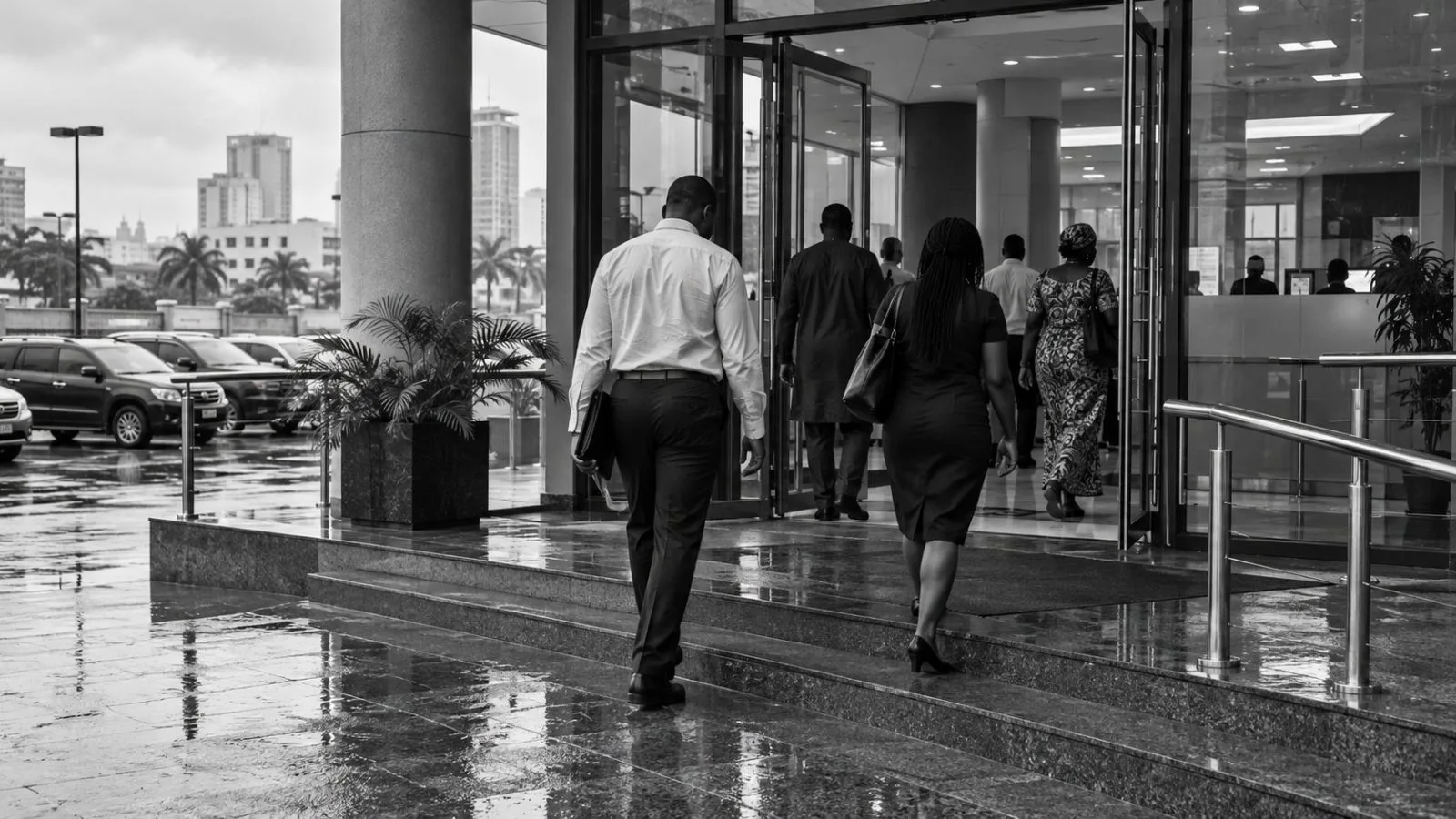 Customers enter a commercial bank branch in Lagos, Nigeria, on a cloudy morning. (AI-generated image / EconoTimes)