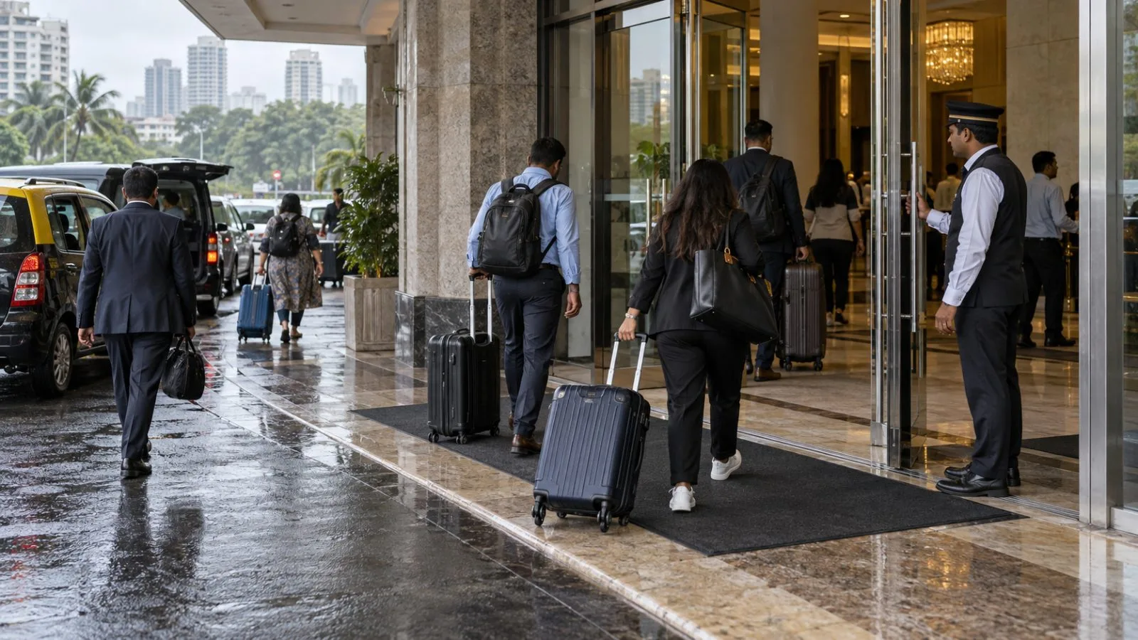 Travelers wheel suitcases into a business hotel in Mumbai, India, on a cloudy morning. (AI-generated image / EconoTimes)