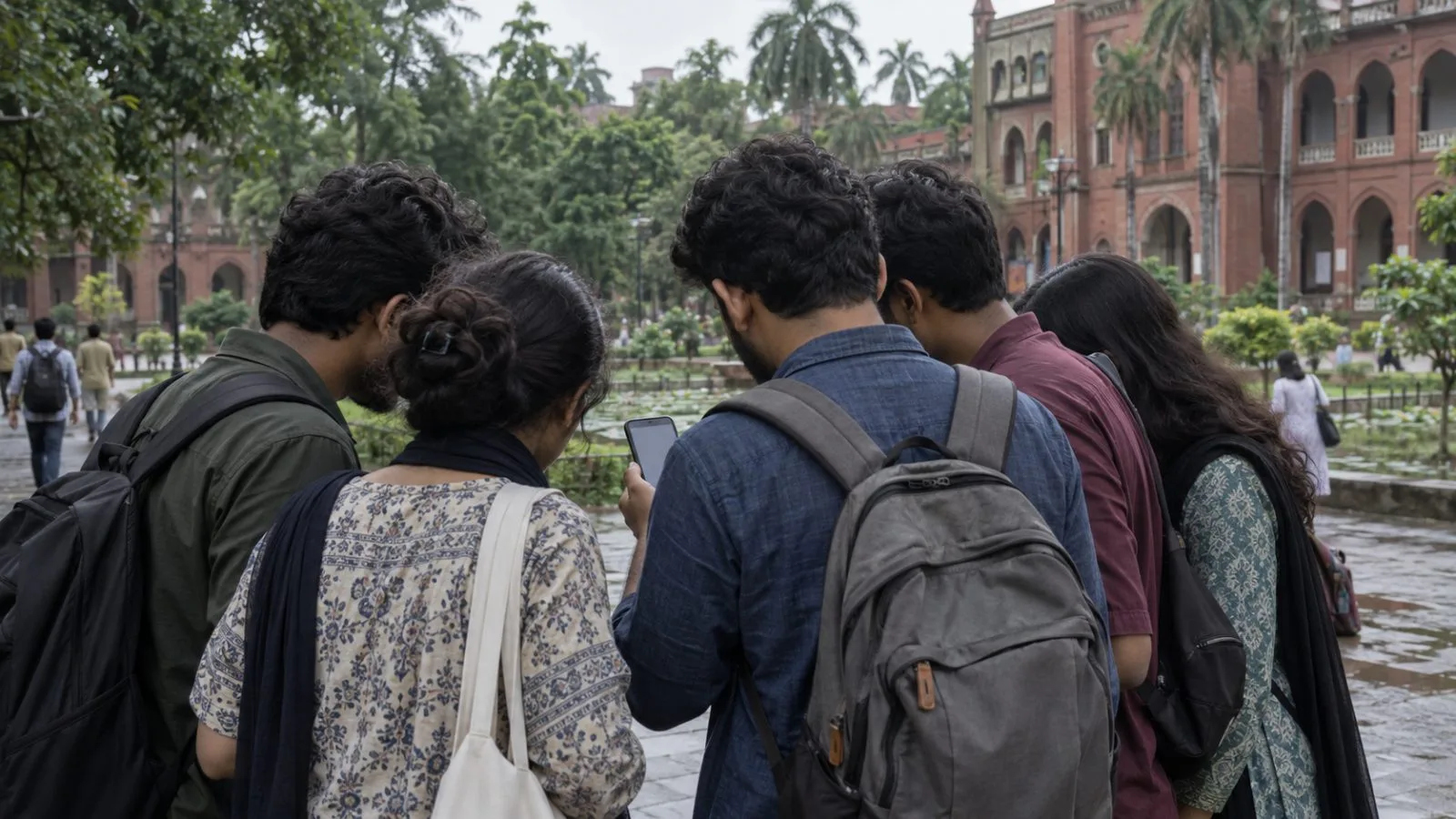 Students gather around a mobile phone on a university campus in Dhaka, Bangladesh. (AI-generated image / EconoTimes)