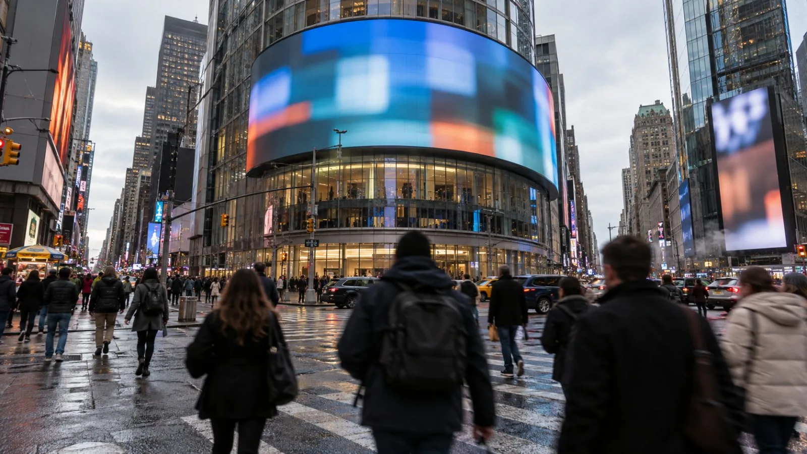 Pedestrians pass the Nasdaq MarketSite in Times Square, New York, beneath its market display. (AI-generated image / EconoTimes)