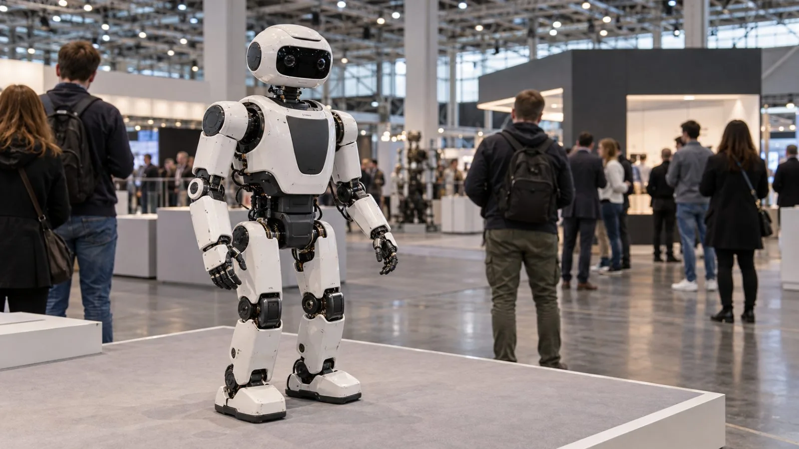 A compact humanoid robot stands on display at a conference in Berlin. (AI-generated image / EconoTimes)
