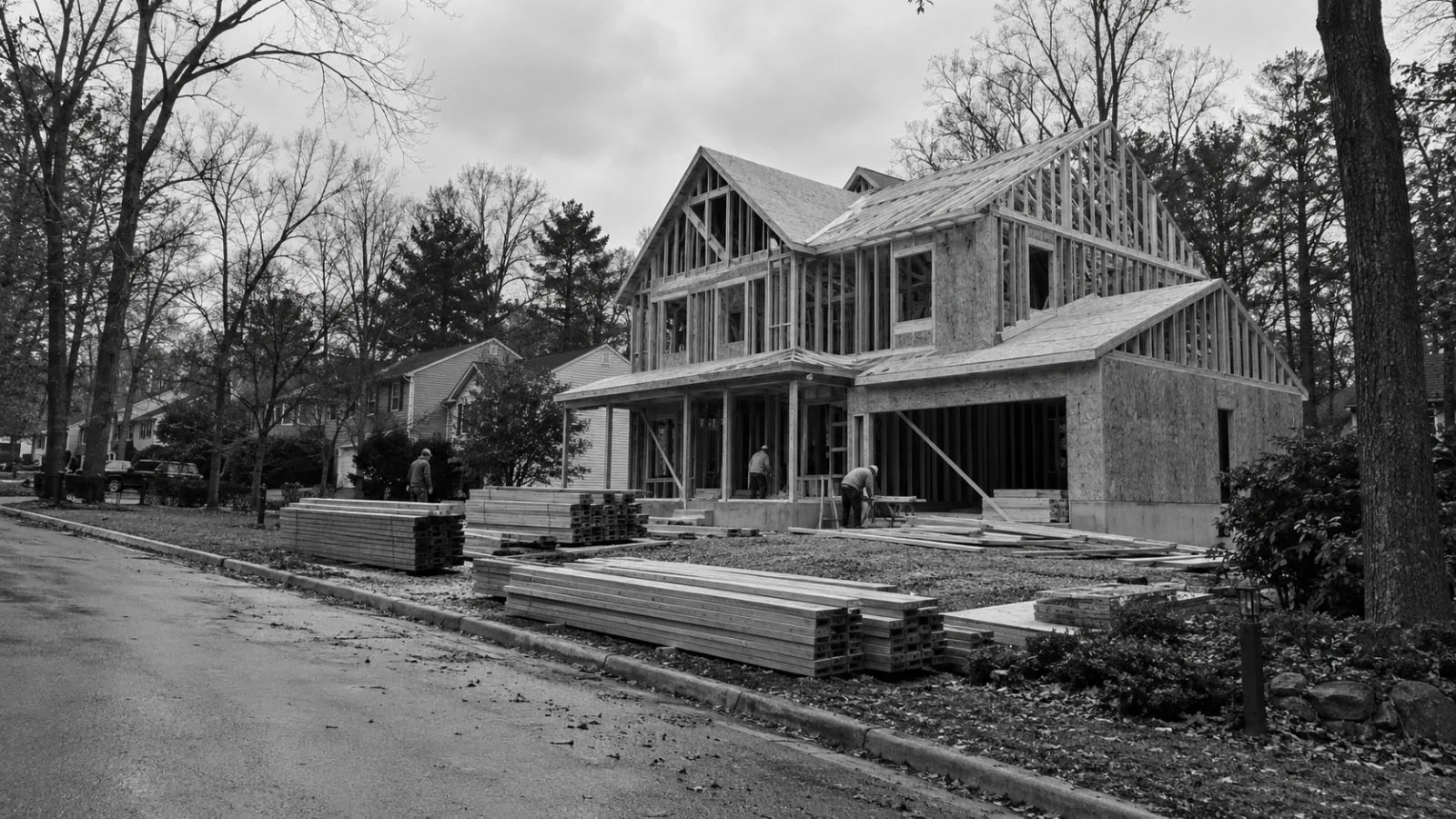 A partly framed home stands at a residential construction site in Reston, Virginia (AI-generated image / EconoTimes)