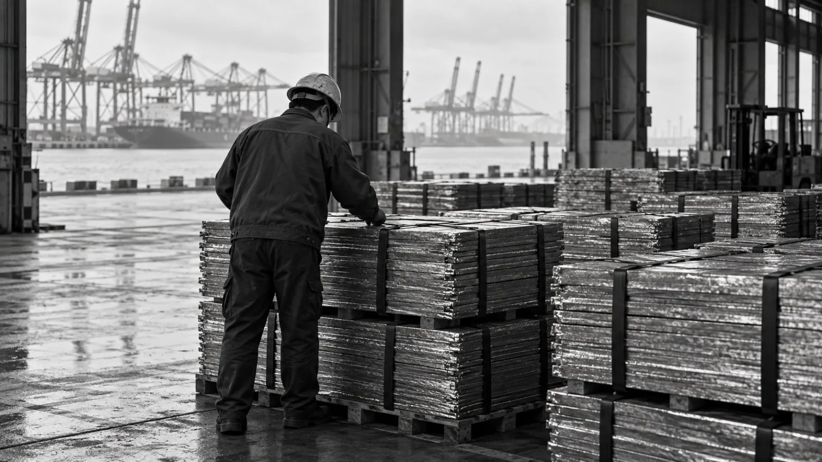 Copper cathode bundles stand in a bonded warehouse near Shanghai’s Yangshan port. (AI-generated image / EconoTimes)