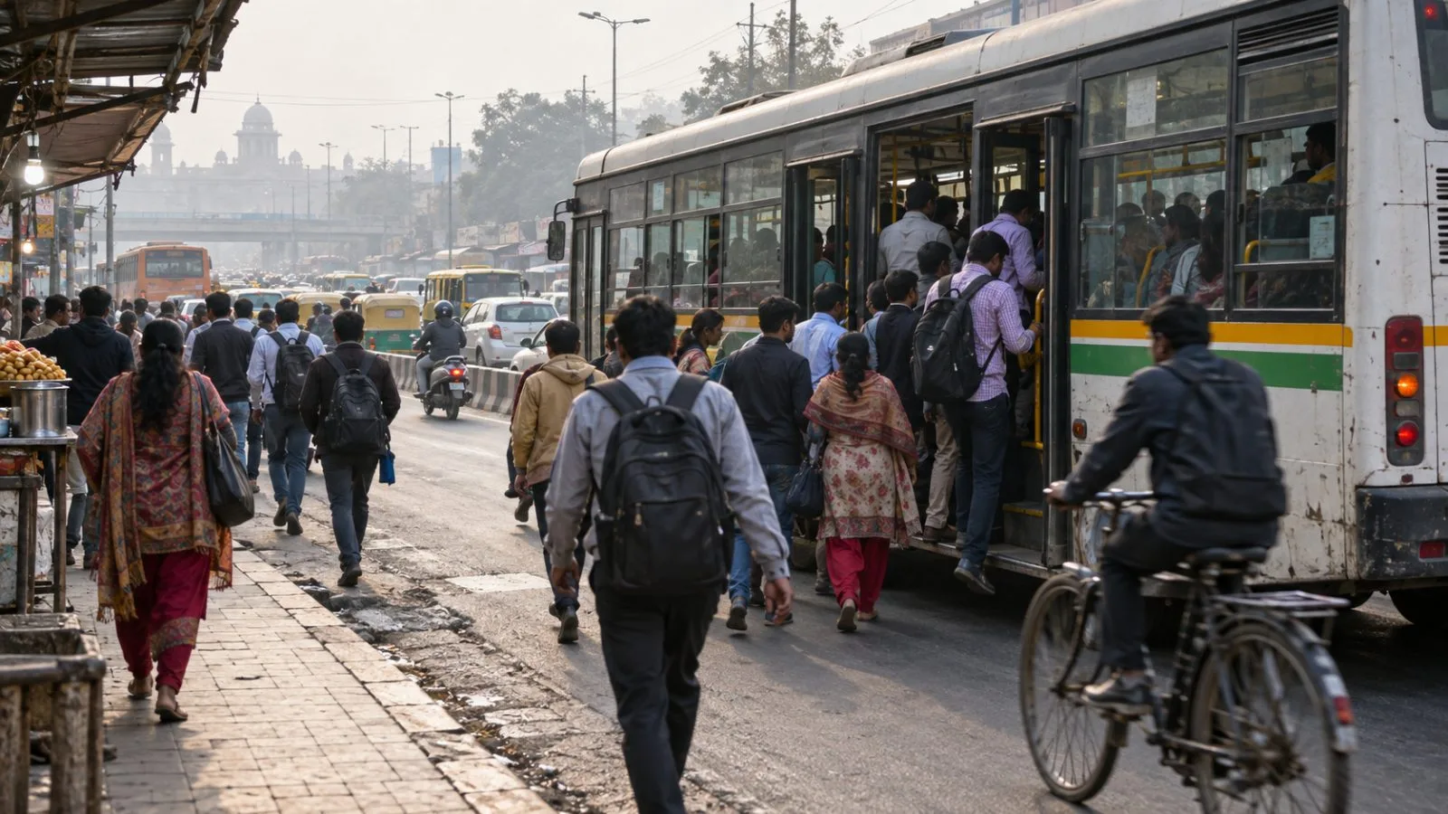 Commuters board a city bus at a roadside stop in New Delhi, India. (AI-generated image / EconoTimes)