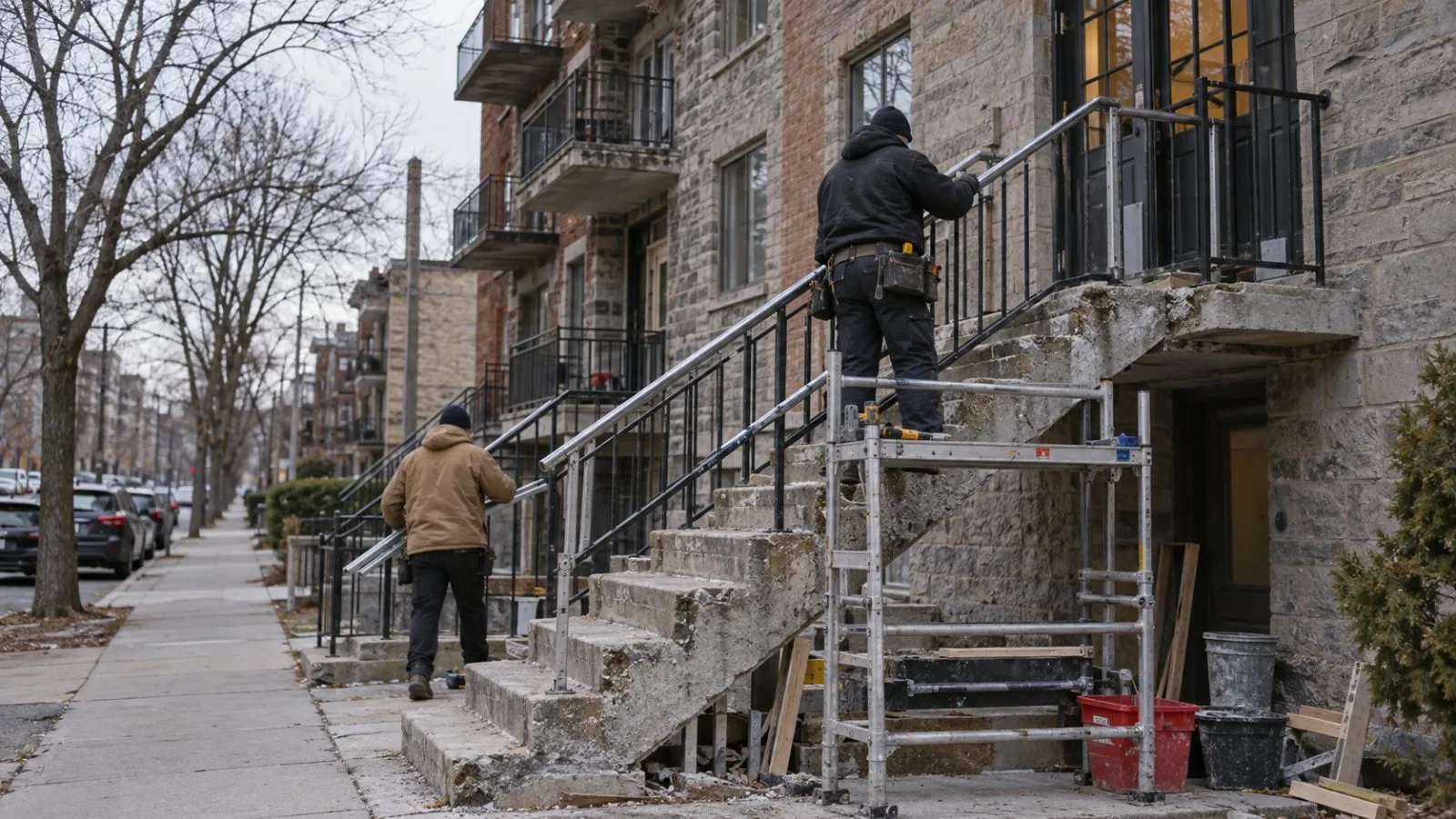 Workers repair an older apartment building in Toronto, Canada, on an overcast afternoon. (AI-generated image / EconoTimes)
