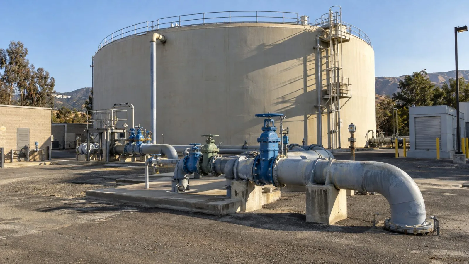 A water storage tank and distribution pipes stand at a utility site in San Jose, California. (AI-generated image / EconoTimes)
