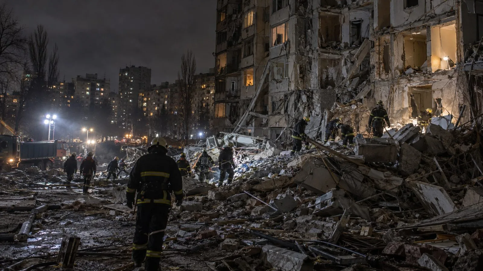 Rescue workers search debris beside a damaged apartment block in Kyiv, Ukraine (AI-generated image / EconoTimes)