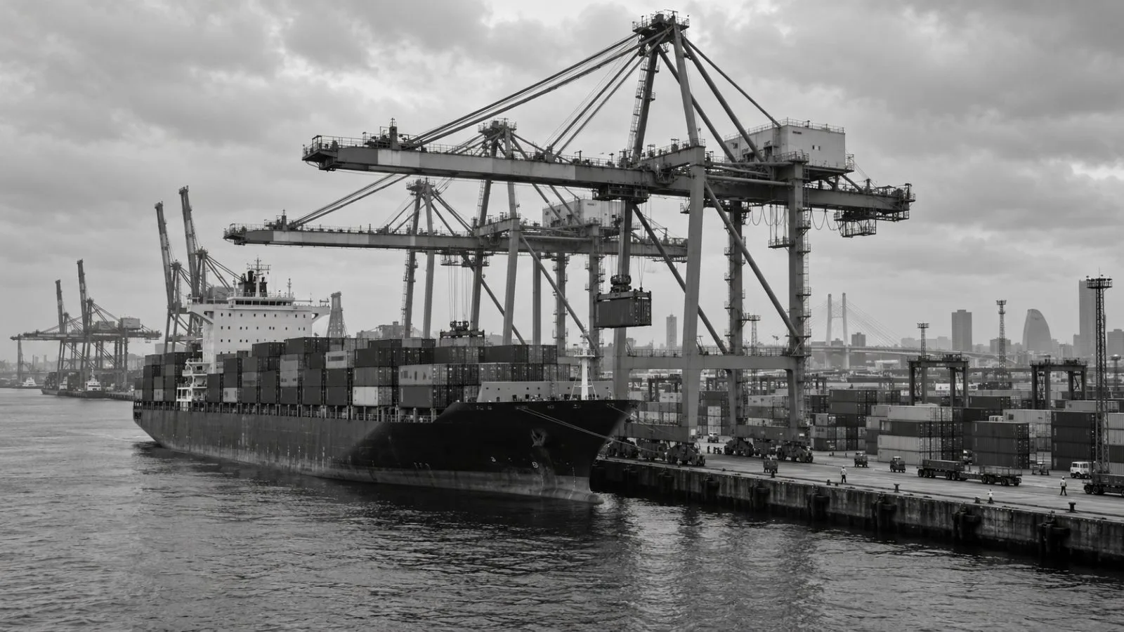 Cranes load containers onto a cargo ship at the Port of Yokohama, Japan. (AI-generated image / EconoTimes)