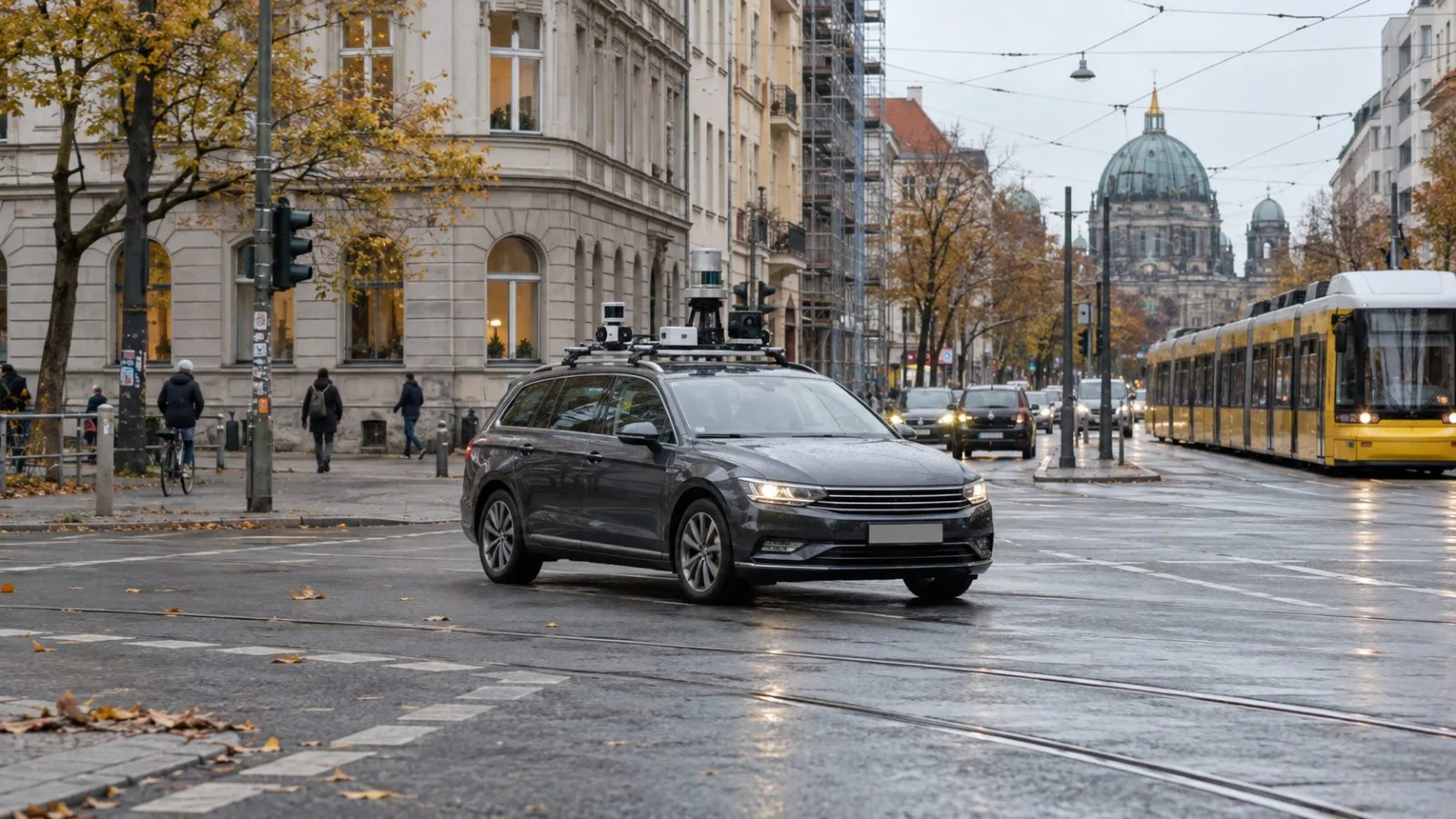 An autonomous research vehicle travels along a Berlin street beneath gray autumn skies. (AI-generated image / EconoTimes)