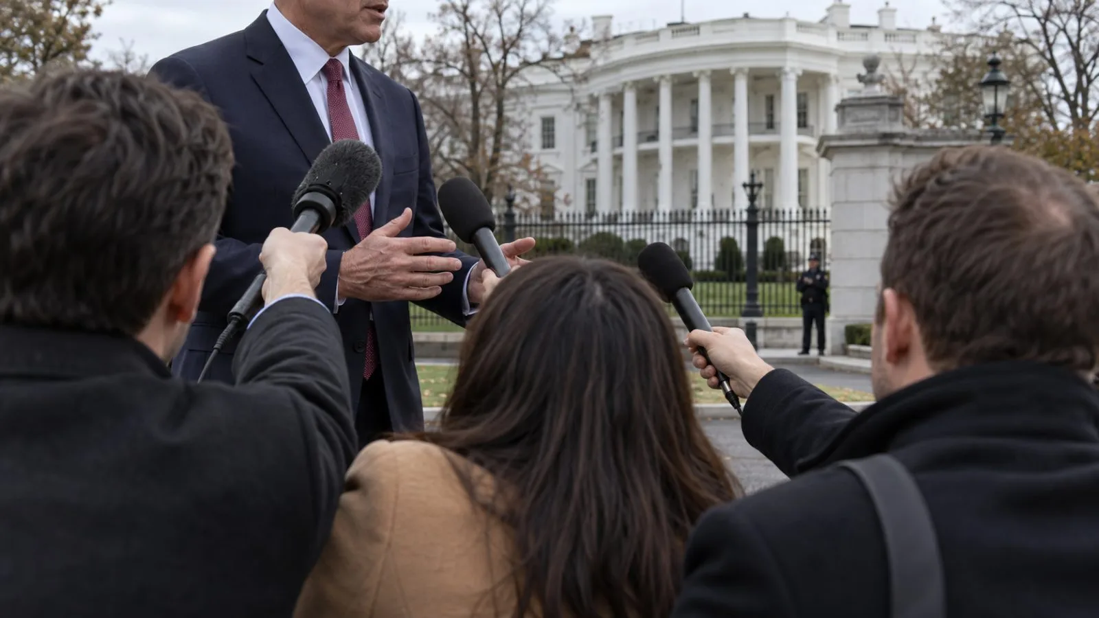 Journalists gather outside the White House press area in Washington, D.C. (AI-generated image / EconoTimes)
