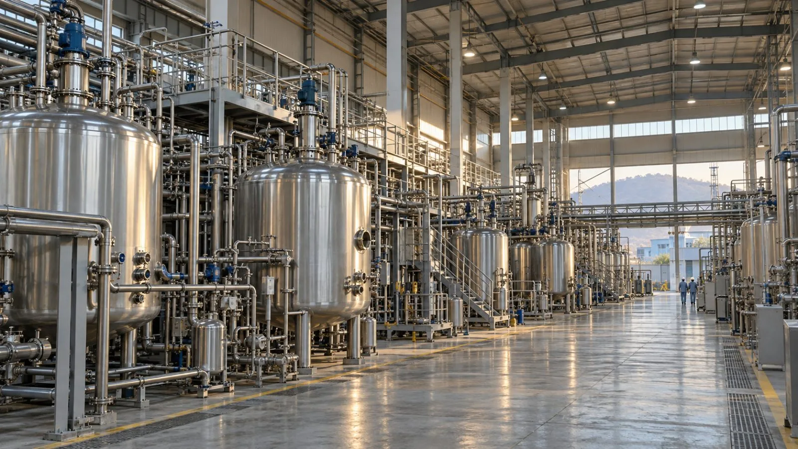 Stainless-steel fermentation vessels fill a pharmaceutical production hall at Laurus Labs near Visakhapatnam, India. (AI-generated image / EconoTimes)