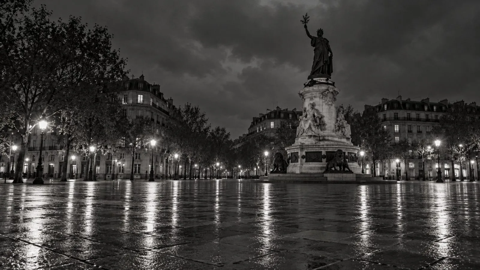Place de la République is quiet under an overnight curfew in Paris, France. (AI-generated image / EconoTimes)