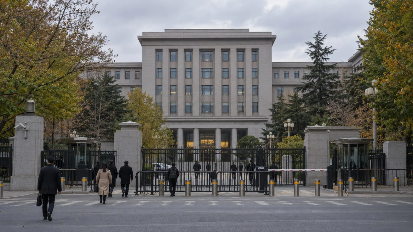 A central government office building stands behind a security gate in Beijing, China. (AI-generated image / EconoTimes)