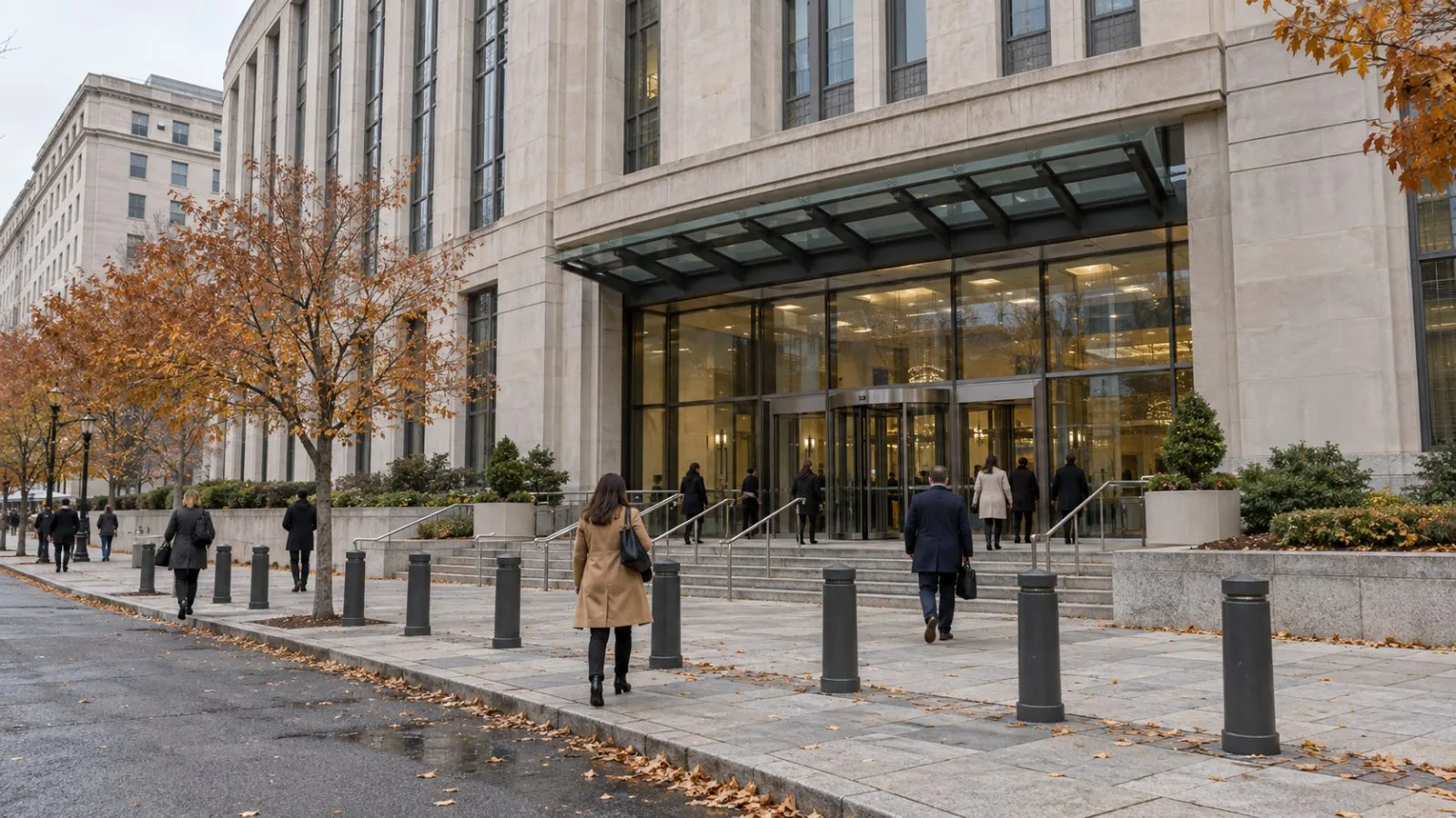 Pedestrians pass the Federal Election Commission headquarters in Washington, D.C., beneath an overcast autumn sky. (AI-generated image / EconoTimes)
