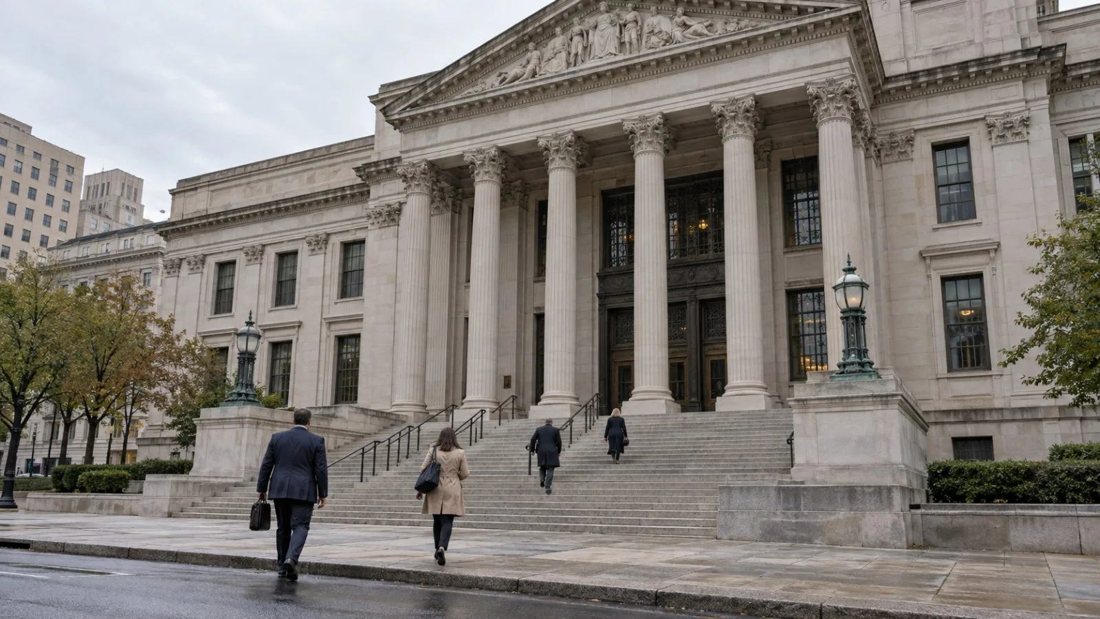 The federal courthouse entrance stands in Wilmington, Delaware, beneath an overcast morning sky. (AI-generated image / EconoTimes)