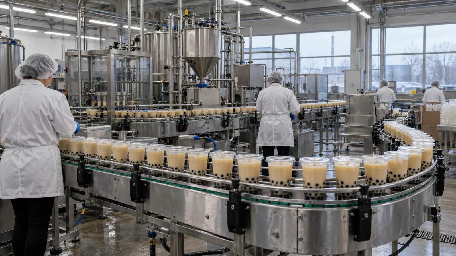 Workers oversee bubble tea production inside a factory in Panevėžys, Lithuania. (AI-generated image / EconoTimes)