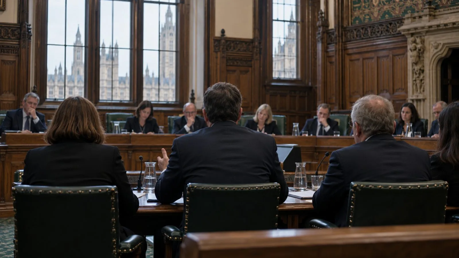 Lawmakers sit in a Home Affairs Committee hearing room at Westminster in London. (AI-generated image / EconoTimes)