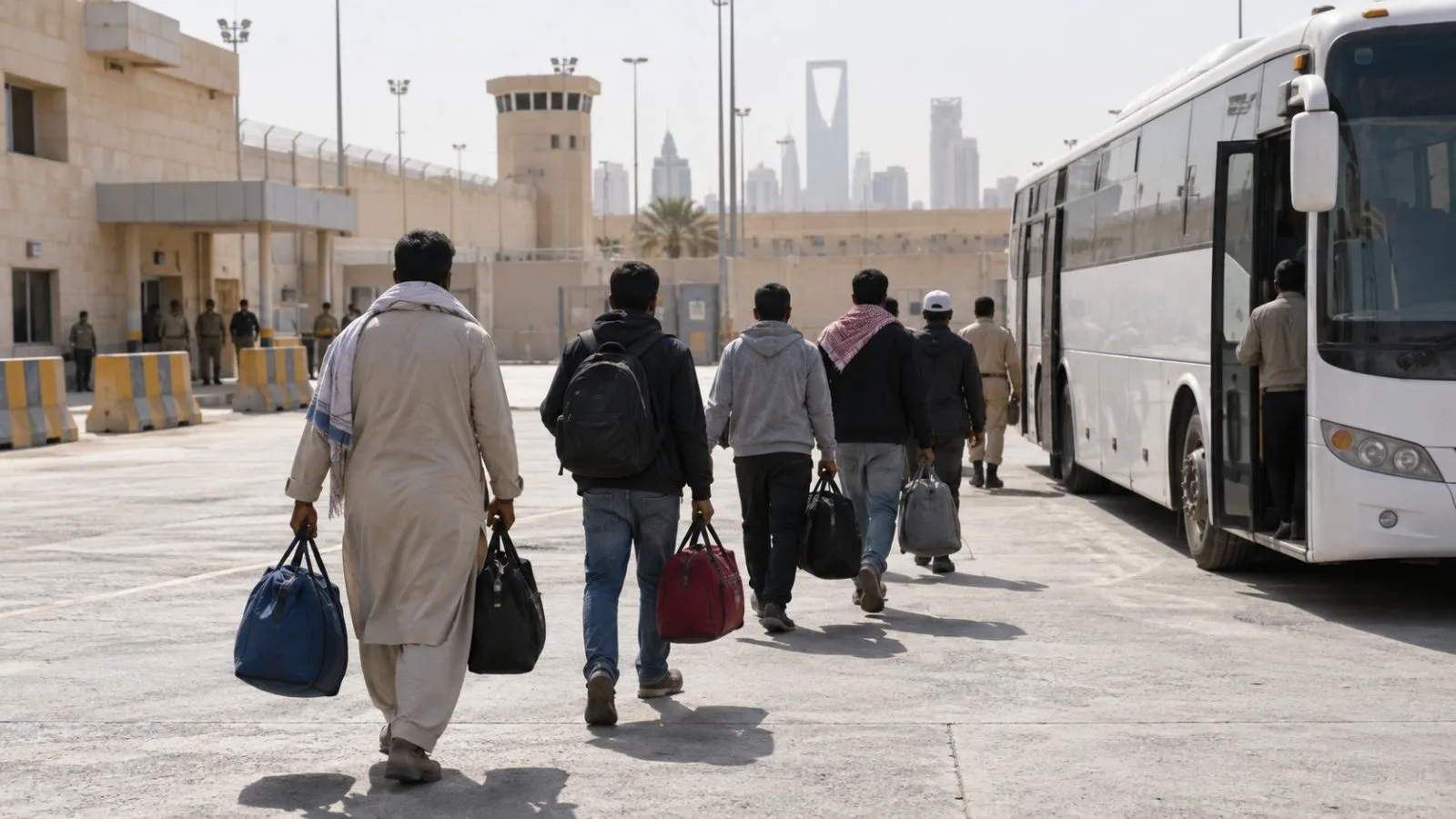 A traveler checks a phone beside a vehicle queued at Al Batha border crossing in Saudi Arabia. / EconoTimes.ai