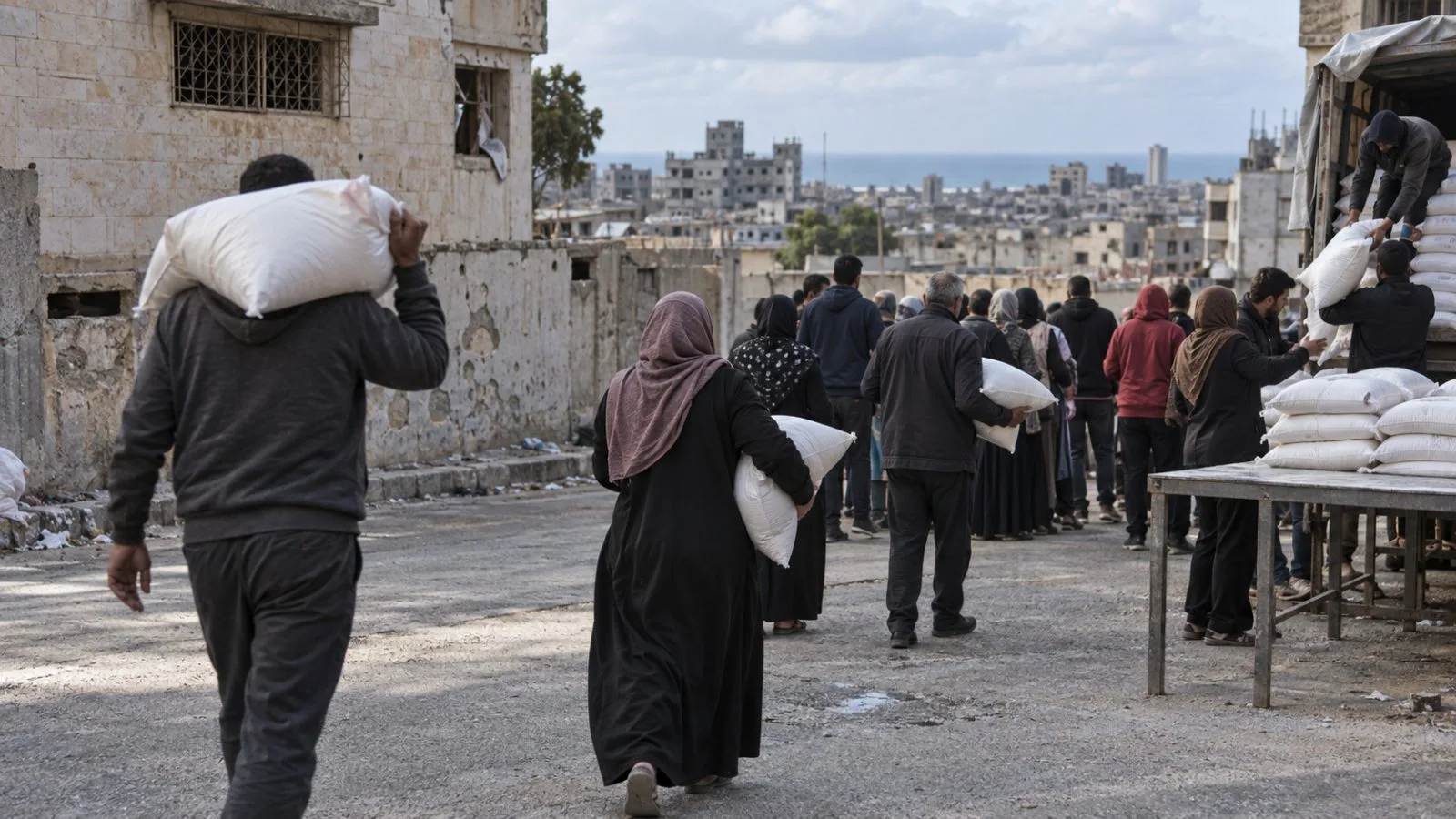 Residents wait with flour parcels at a food distribution point in Gaza City, Gaza Strip (AI-generated image / EconoTimes)