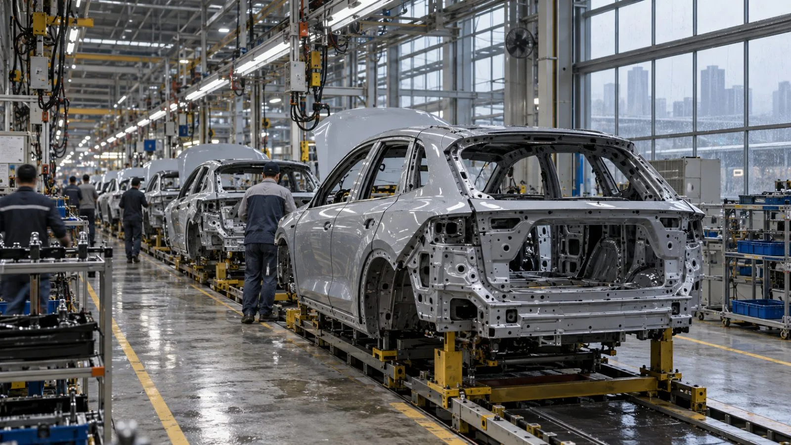 Unfinished electric vehicles move along an assembly line in Shenzhen, China. (AI-generated image / EconoTimes)