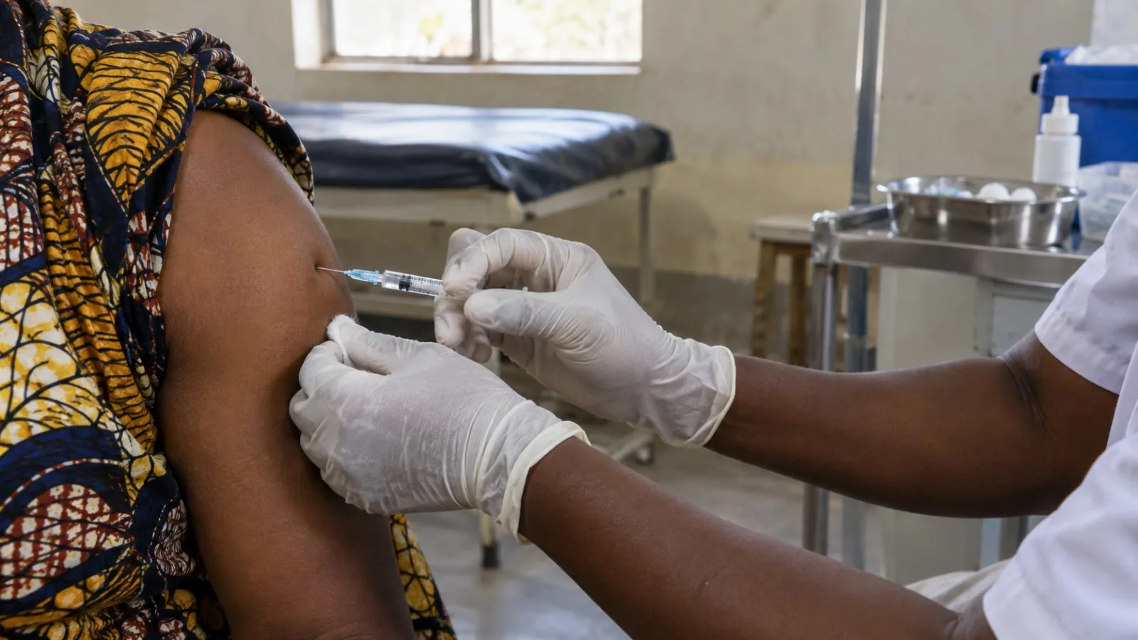 A health worker administers a vaccine to an anonymous participant at a clinic in Bunia. (AI-generated image / EconoTimes)