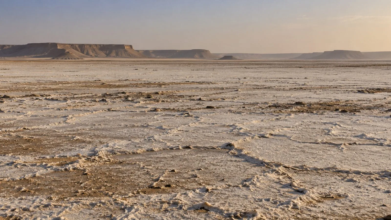 Salt crust covers the Teghaza pan in Mali’s remote Taoudenni region beneath a hazy afternoon sky. (AI-generated image / EconoTimes)