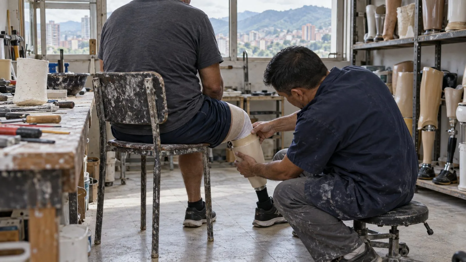 A technician adjusts a prosthetic socket in a rehabilitation workshop in Caracas, Venezuela. (AI-generated image / EconoTimes)