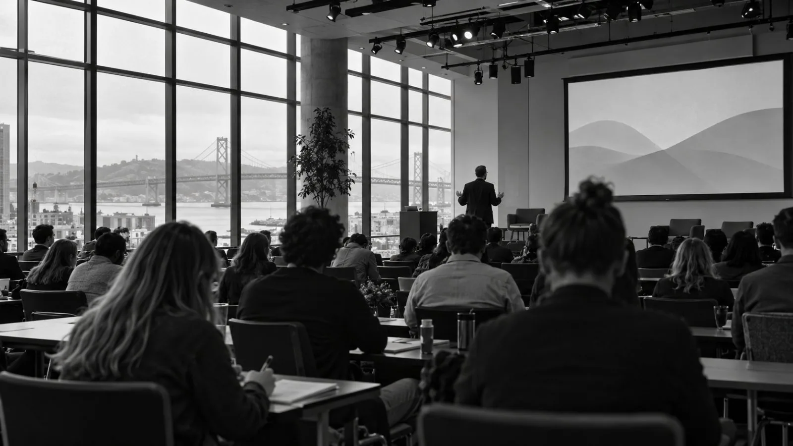 Attendees listen during a technology conference in San Francisco, California. (AI-generated image / EconoTimes)