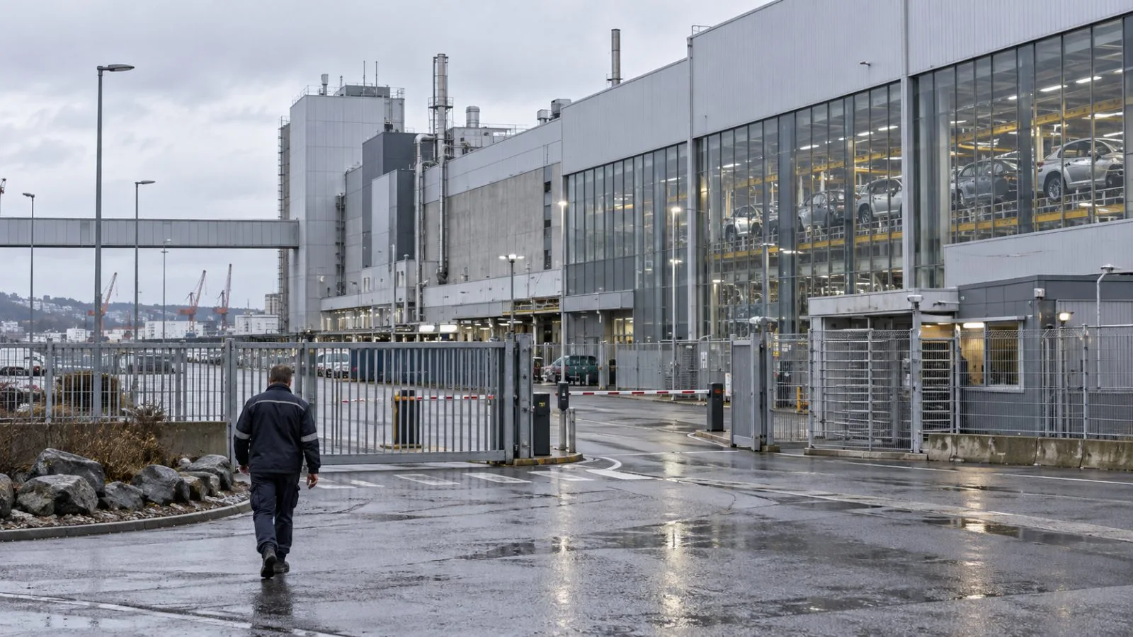 A worker leaves the Volvo Cars Torslanda plant in Gothenburg, Sweden, beneath an overcast sky. (AI-generated image / EconoTimes)