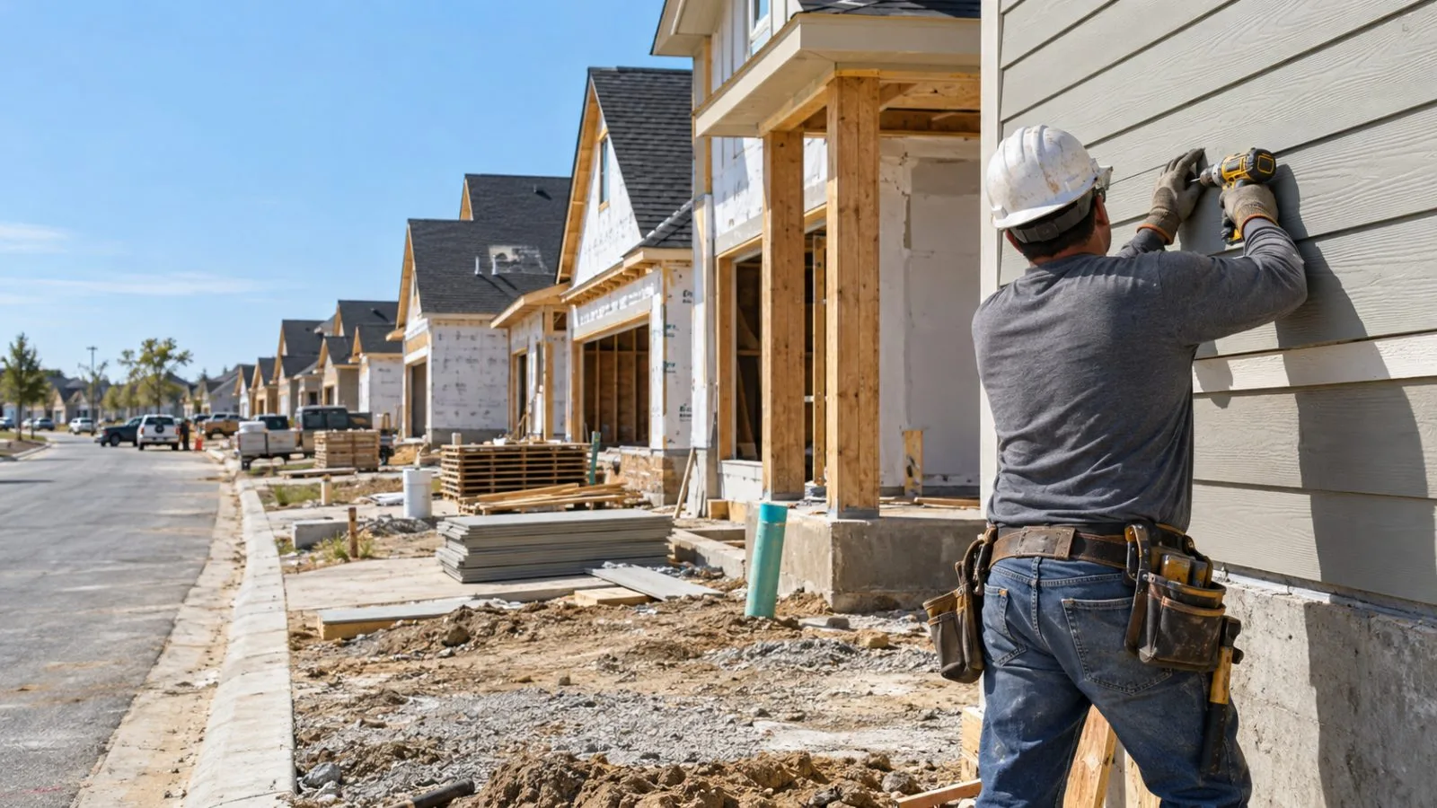 A worker installs siding on a new home at a residential construction site in Arlington, Texas (AI-generated image / EconoTimes)
