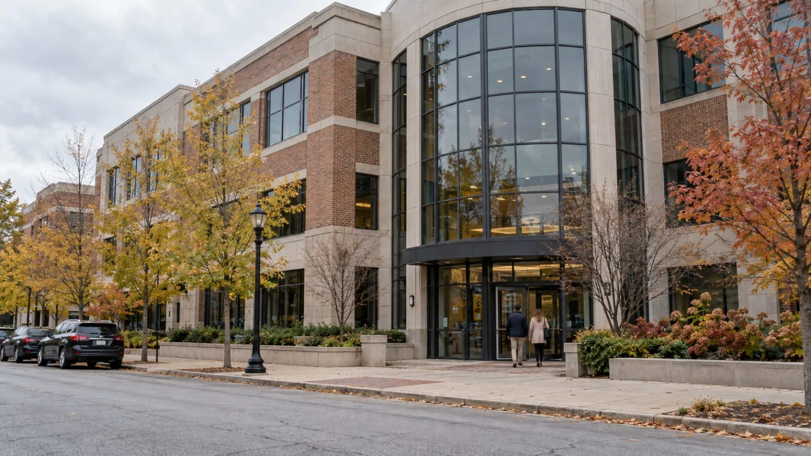 Visitors enter an office building on East Liberty Drive in Wheaton, Illinois, on an overcast morning. (AI-generated image / EconoTimes)