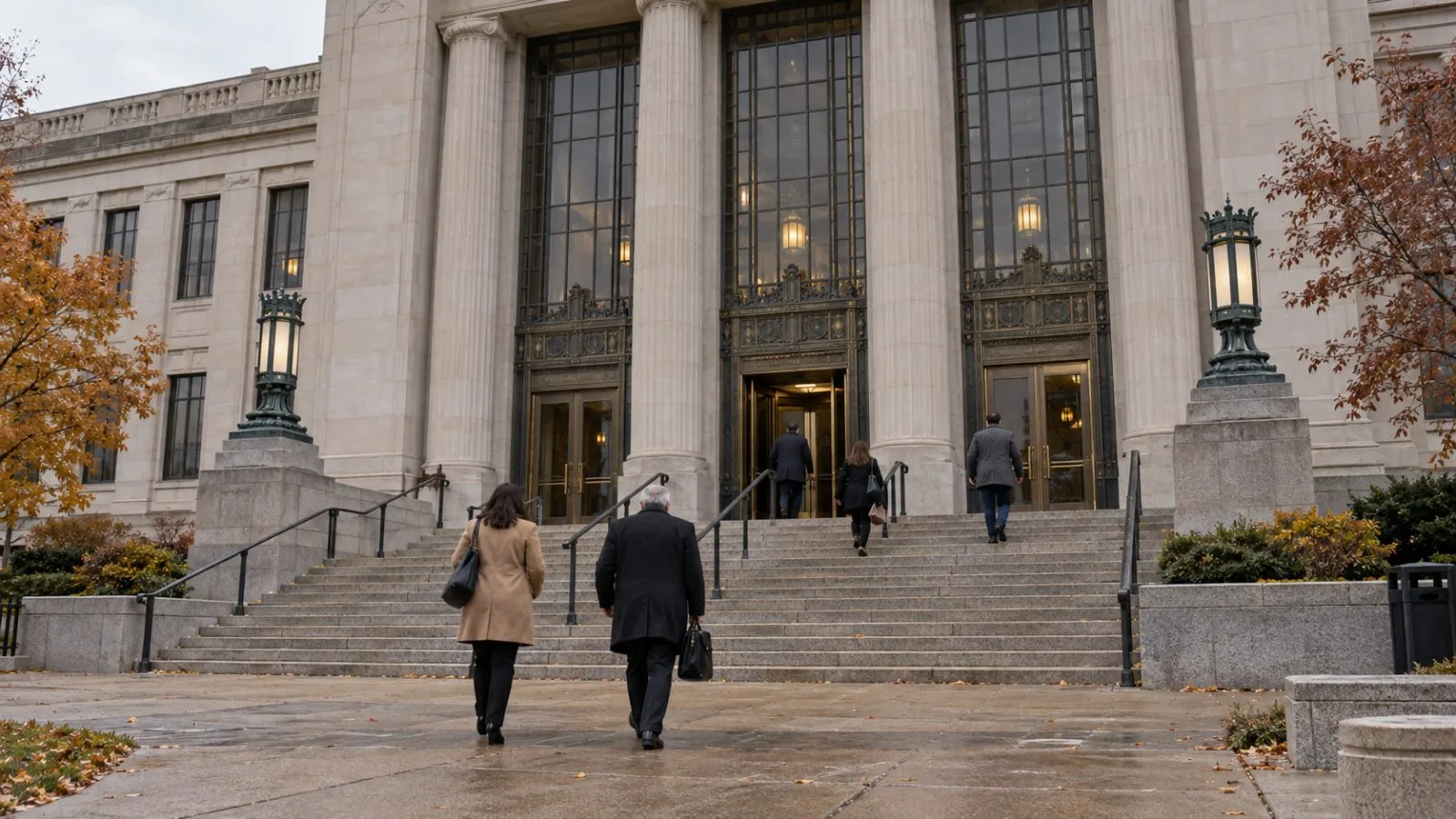 Visitors enter the St. Louis County Court Building in Clayton, Missouri. (AI-generated image / EconoTimes)