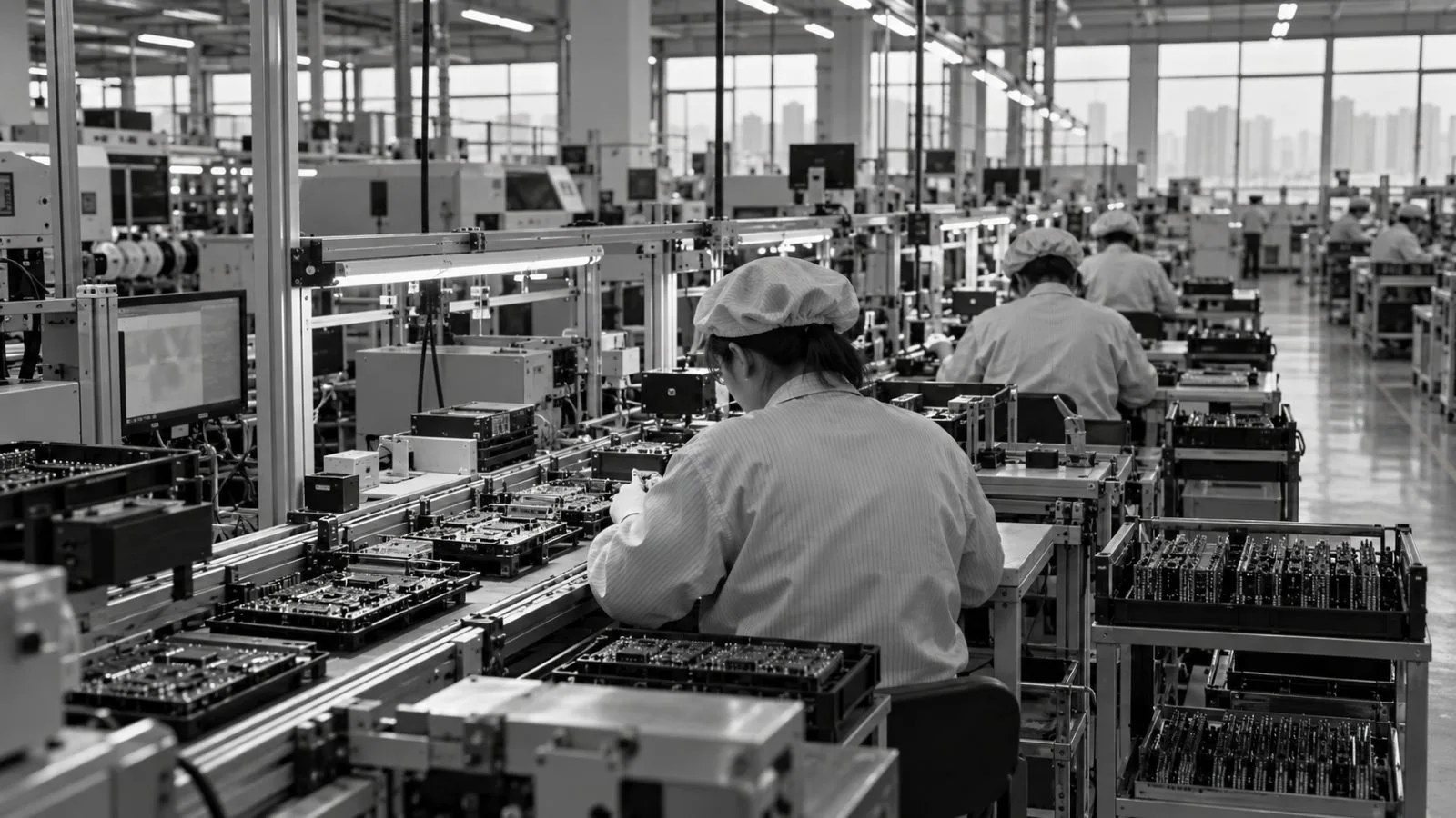 Workers inspect circuit boards on an electronics production line in Shenzhen, China. (AI-generated image / EconoTimes)