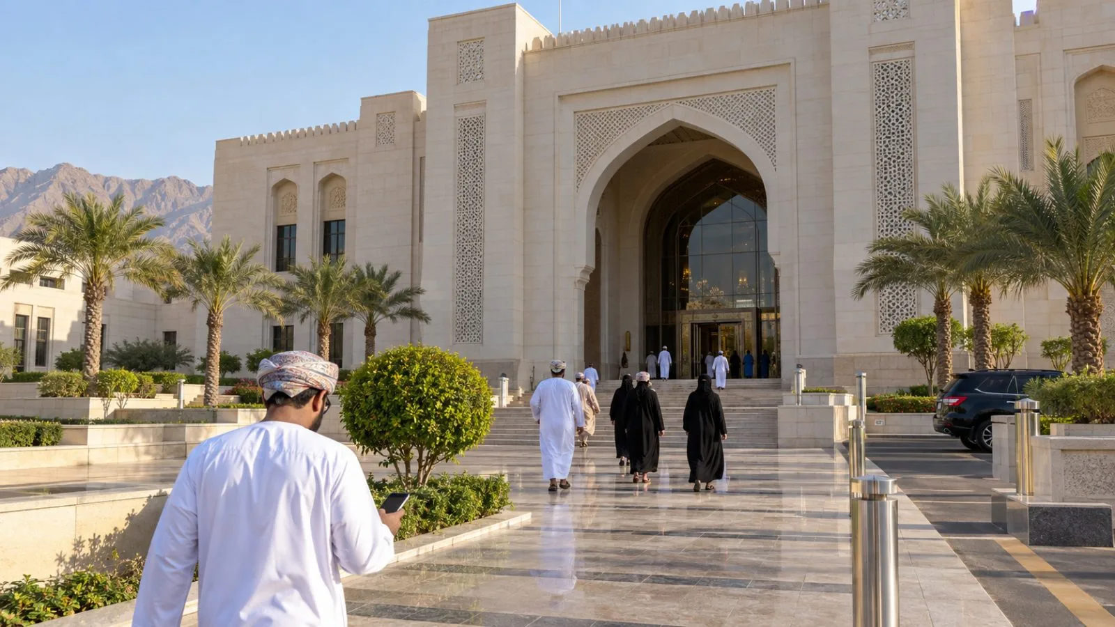 Visitors enter the Ministry of Interior in Muscat, Oman, in afternoon sunlight. (AI-generated image / EconoTimes)