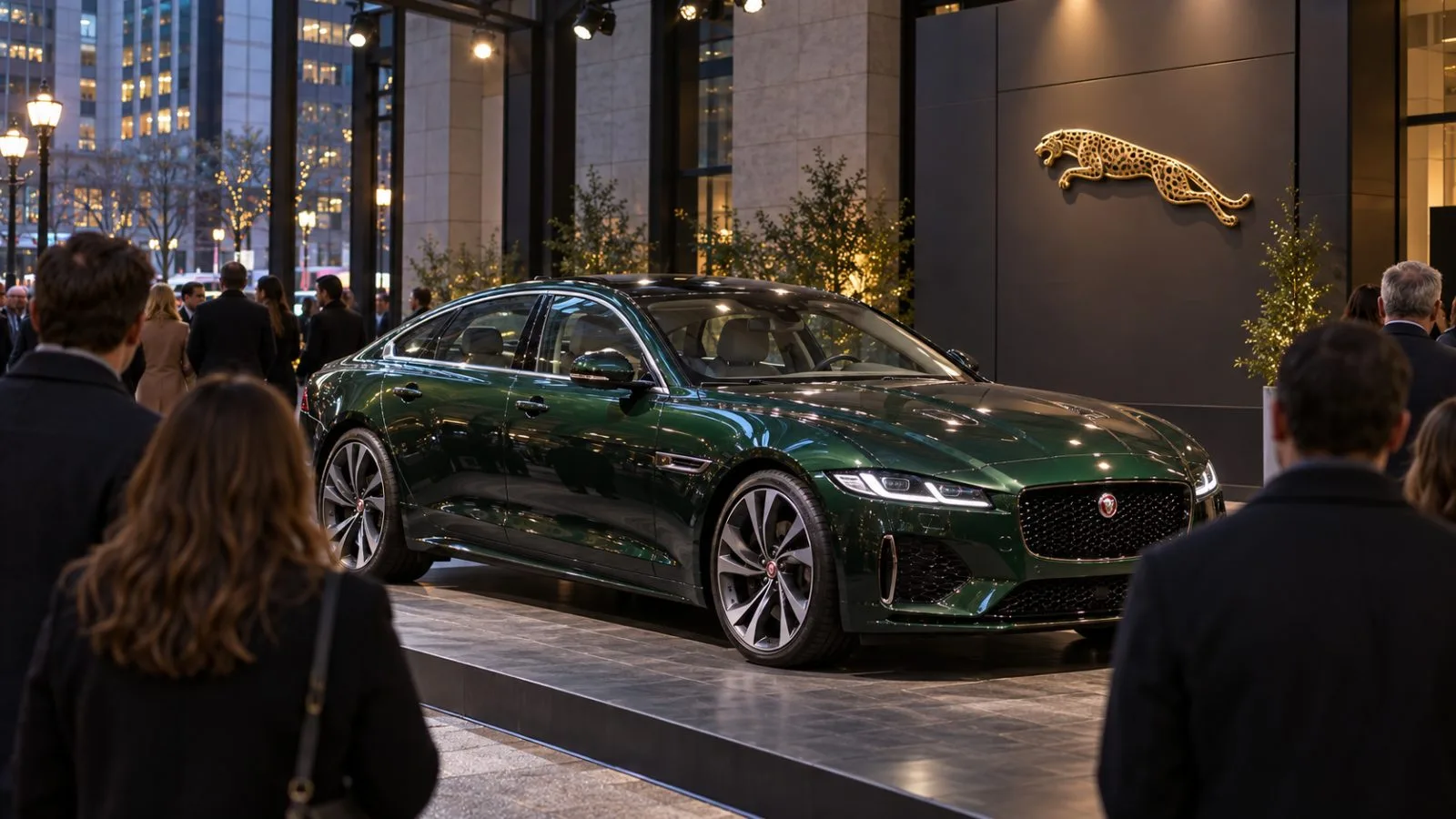 A four-door electric grand tourer stands under display lights at a New York City venue. / EconoTimes.ai