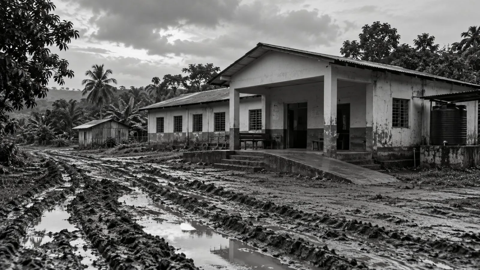 A rural health centre stands beside a rutted access road in Wapinda, Nord-Ubangi, Democratic Republic of the Congo (AI-generated image / EconoTimes)