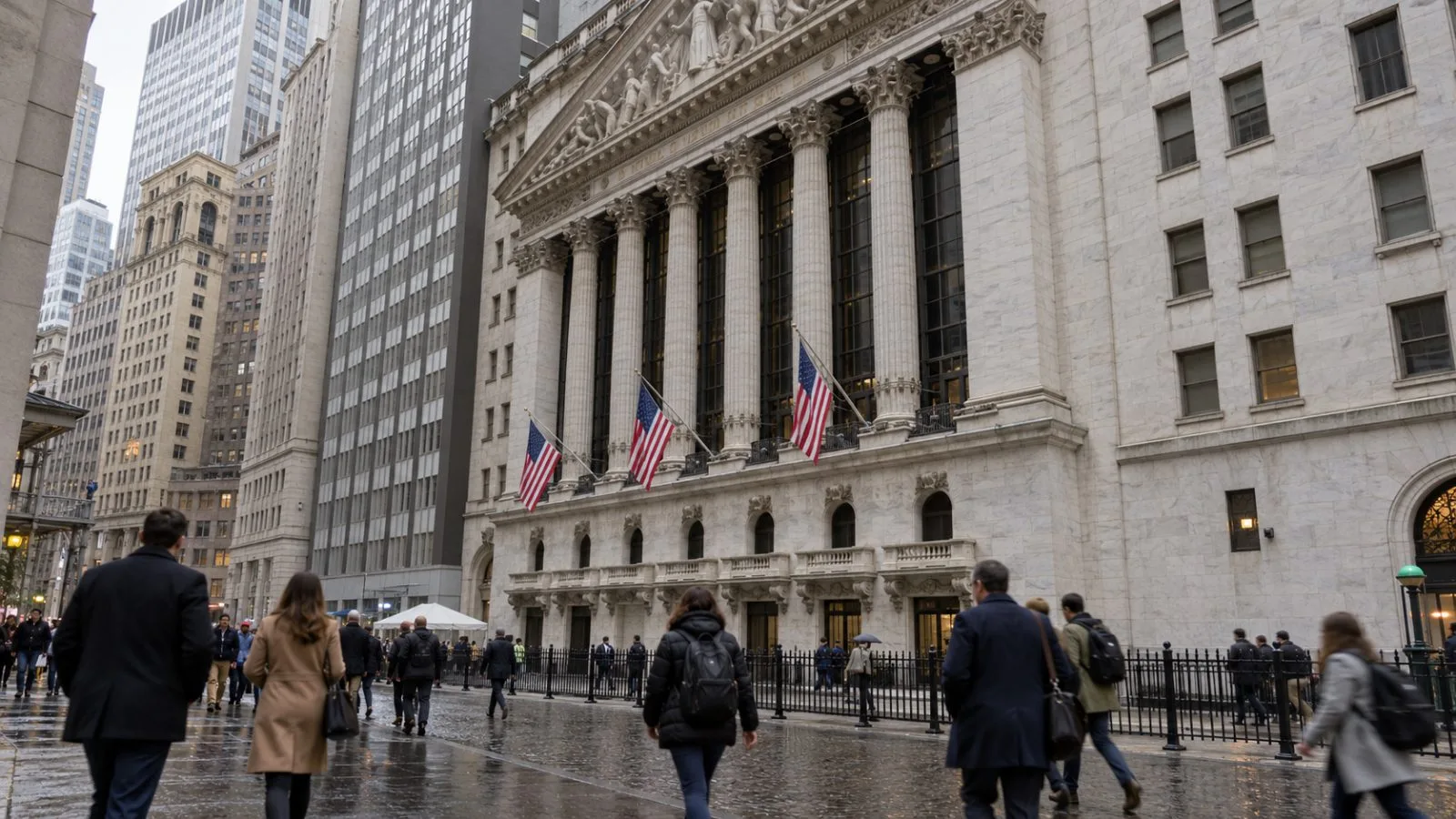 Pedestrians pass the New York Stock Exchange in New York City on an overcast afternoon. (AI-generated image / EconoTimes)
