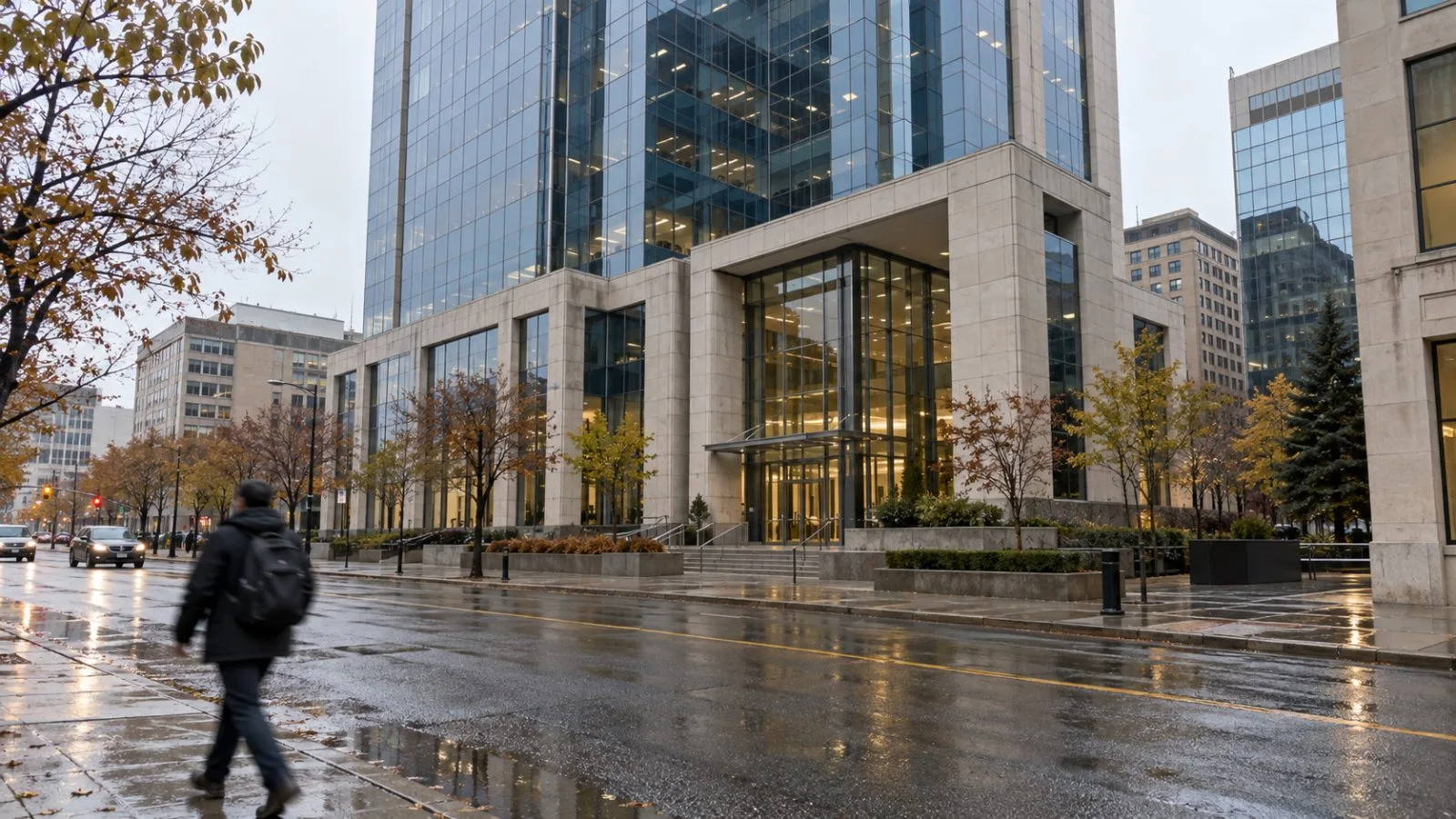 A passerby walks by the office tower at 140 Fullarton Street in London, Ontario. (AI-generated image / EconoTimes)