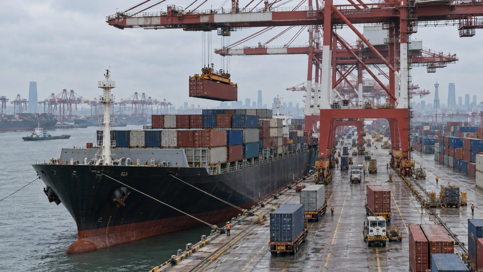 Gantry cranes load a cargo ship at the Port of Shanghai, China. (AI-generated image / EconoTimes)