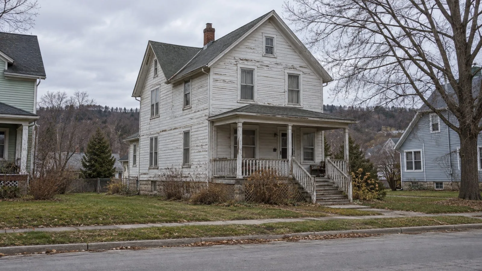 A weathered home awaits repairs on a residential street in Decorah, Iowa. (AI-generated image / EconoTimes)