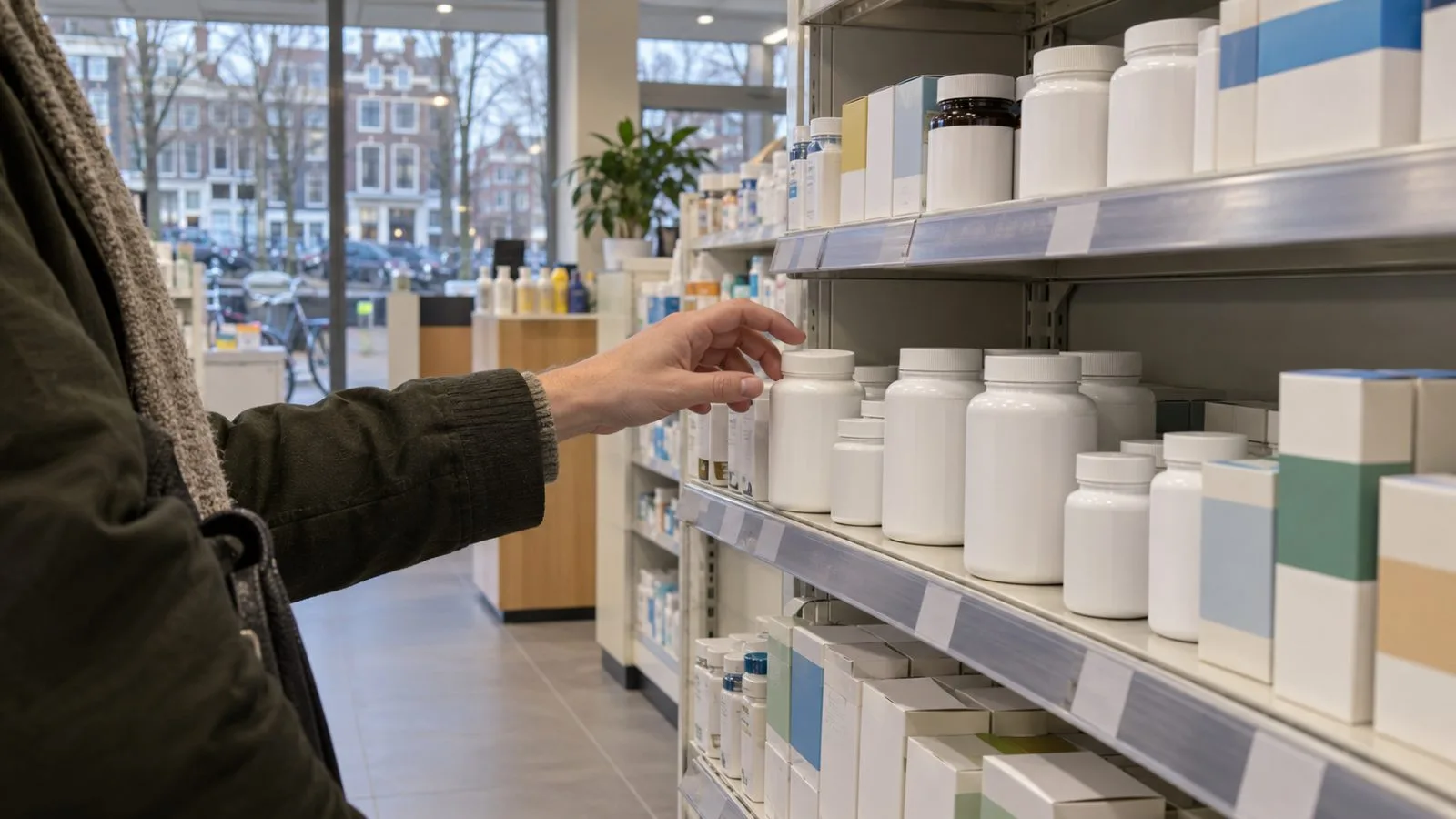 Unbranded probiotic supplements line a pharmacy shelf in Amsterdam, Netherlands. (AI-generated image / EconoTimes)