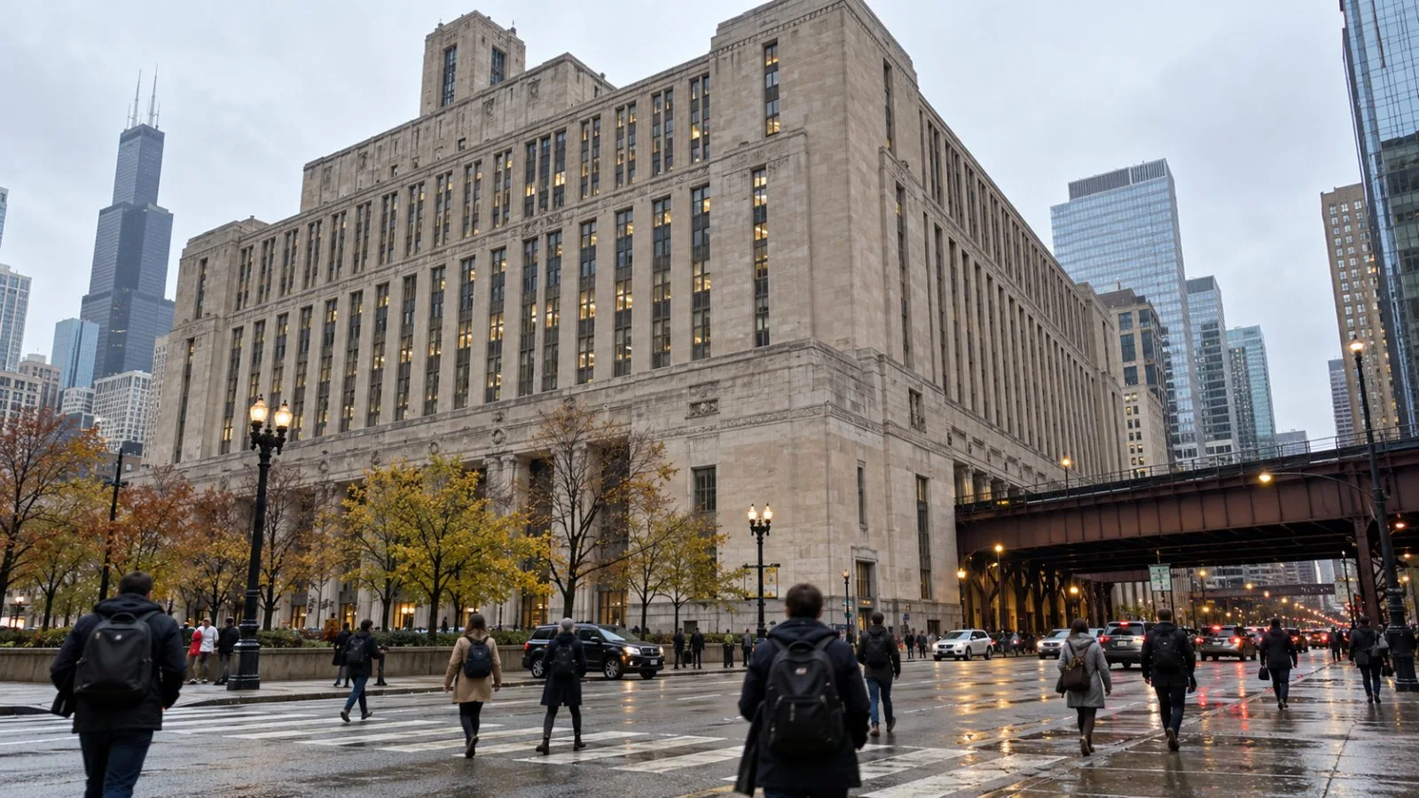 Commuters pass Chicago's Old Post Office building during the morning rush hour. (AI-generated image / EconoTimes)