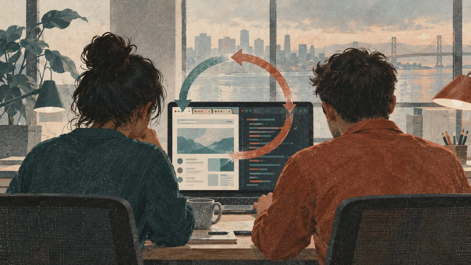 Developers compare browser and code windows inside a shared workspace in San Francisco. (AI-generated image / EconoTimes)