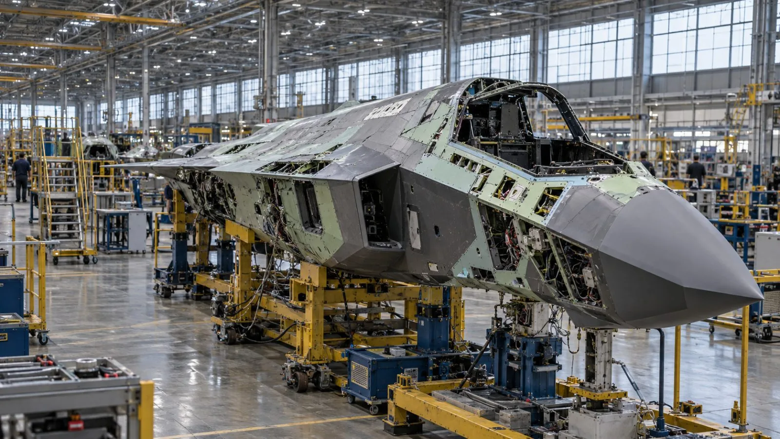 An unfinished F-35 fuselage rests on the assembly line at Lockheed Martin’s Fort Worth plant. (AI-generated image / EconoTimes)