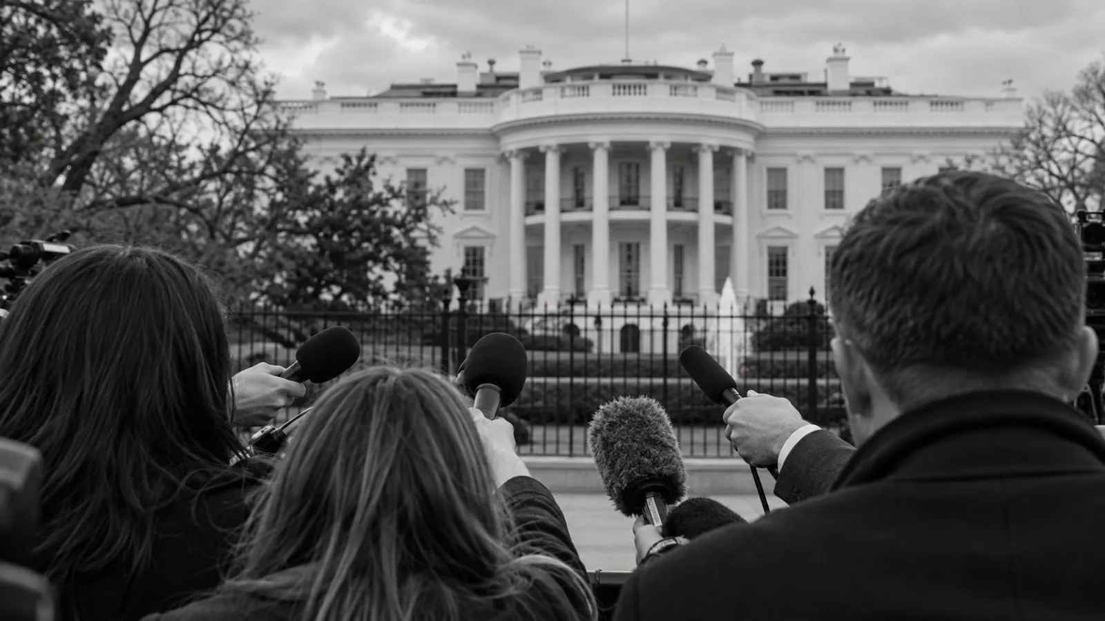 Reporters gather outside the White House in Washington, D.C., facing the entrance. (AI-generated image / EconoTimes)