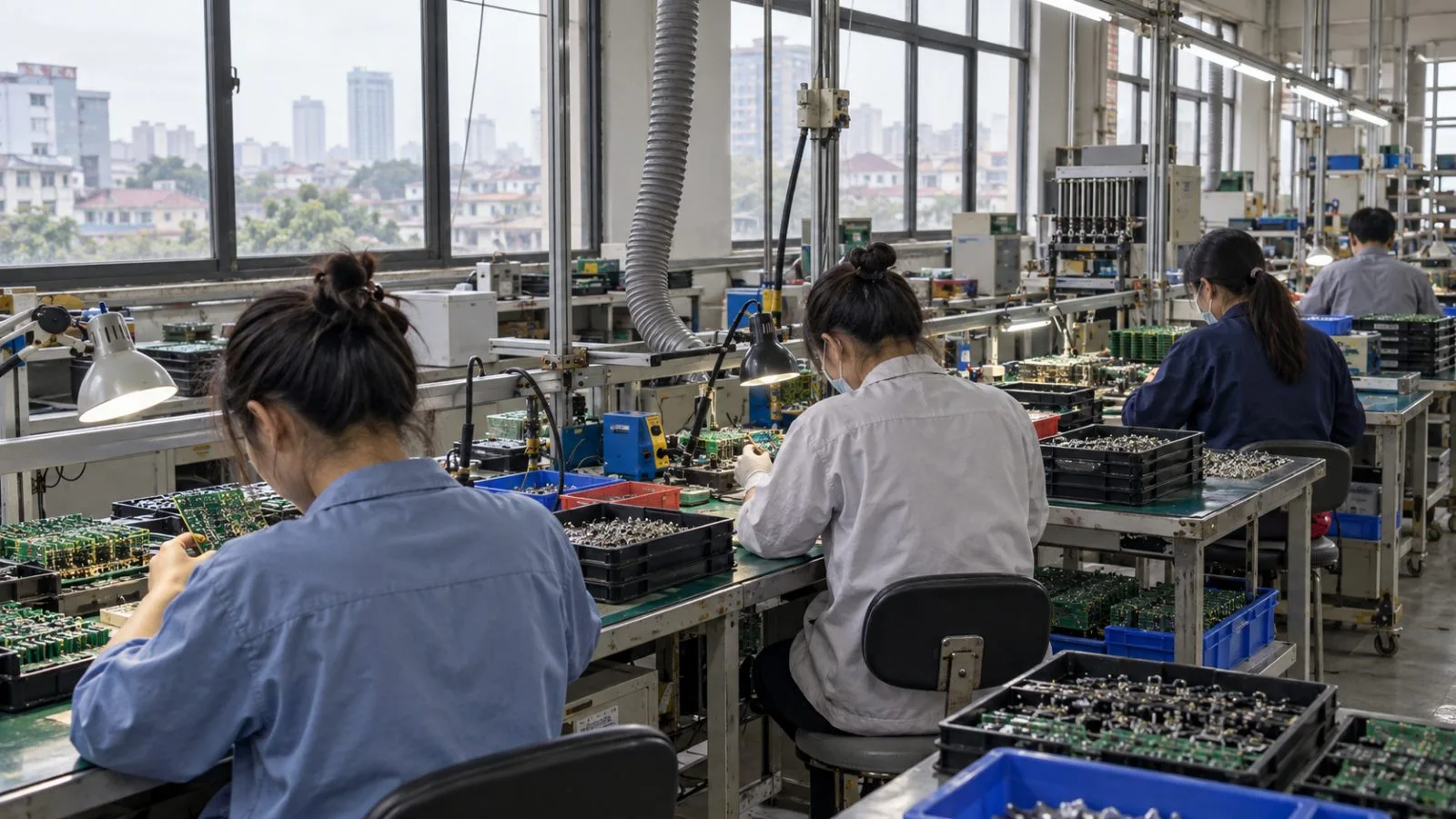 Workers inspect electronic components on a production line in Hanoi, Vietnam. (AI-generated image / EconoTimes)