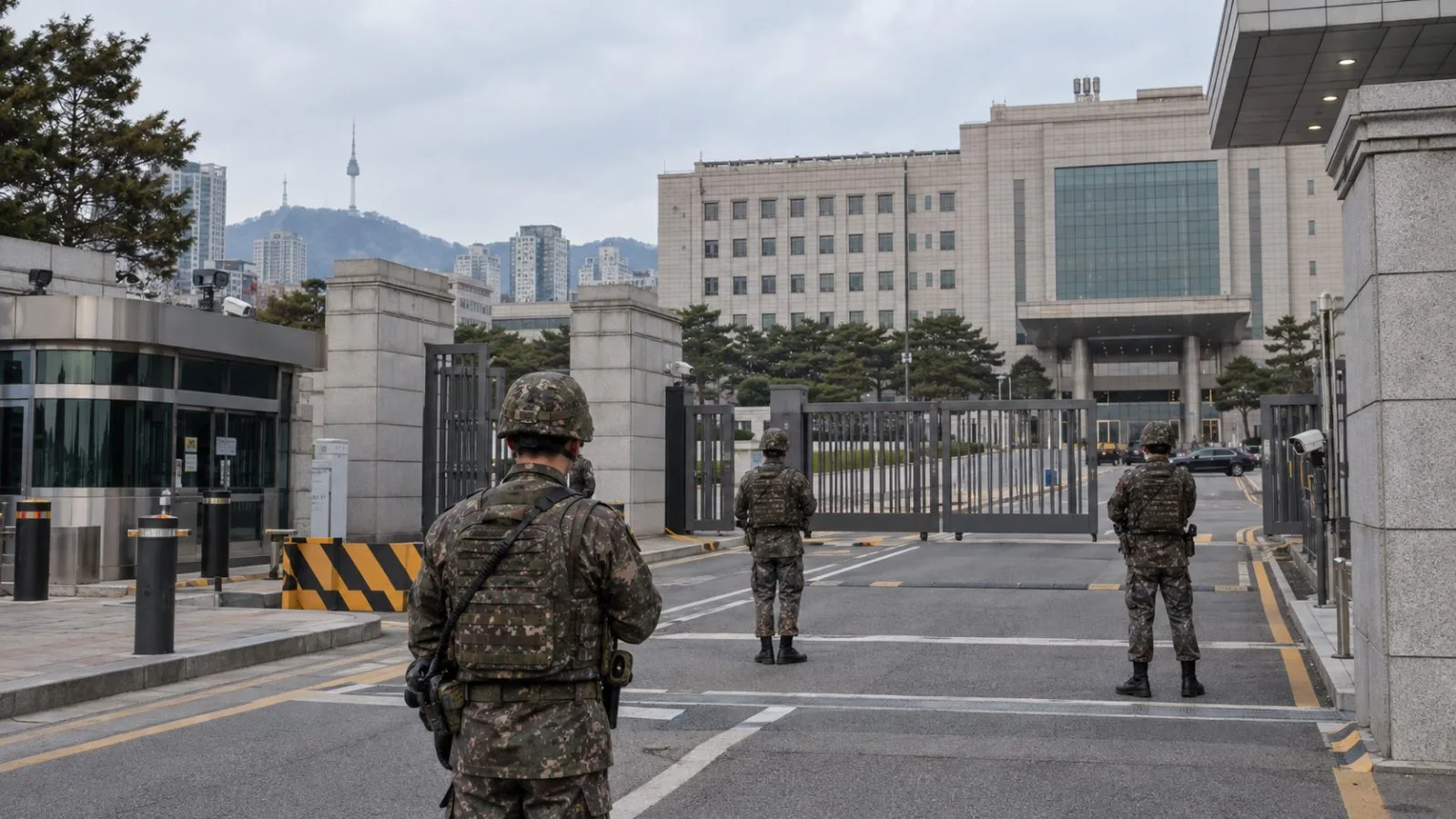 Guards stand outside the Ministry of National Defense compound in Seoul under overcast skies. (AI-generated image / EconoTimes)